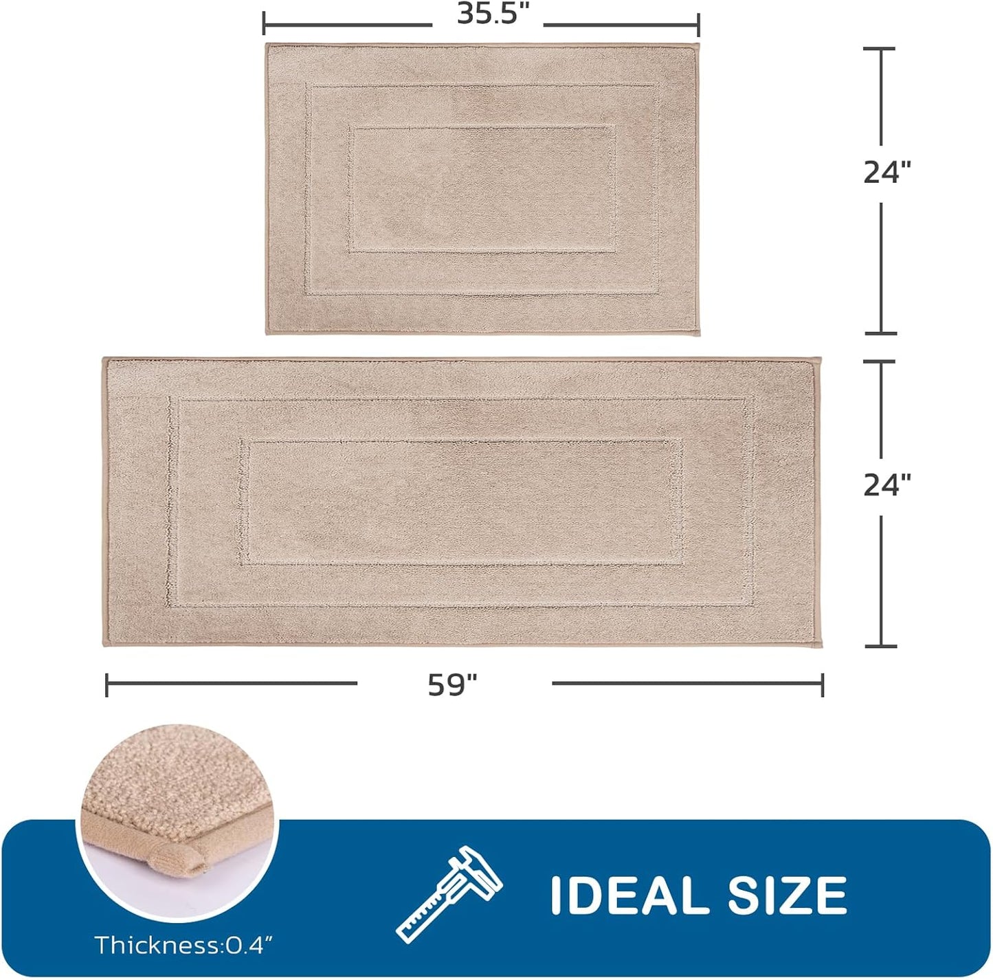 PURRUGS Machine Washable Kitchen Rug Set [2 PCS] (24" x 35.5"+ 24" x 59"), Non-Slip/Skid Kitchen Runner Rugs & Floor Mats, Super Absorbent Soft Standing Mats for Kitchen, Laundry & Sink, Beige