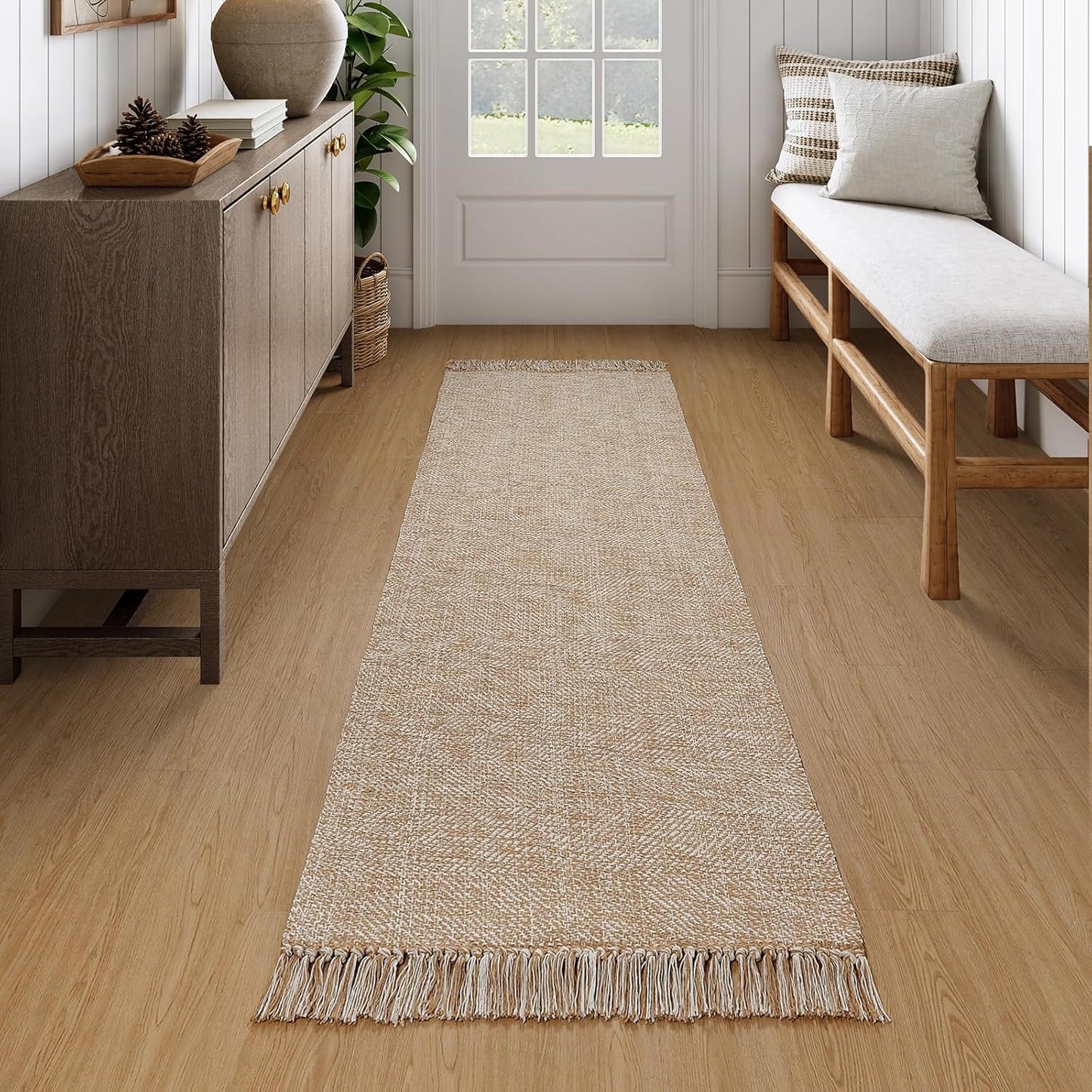 Collive Boho 18 ft Long Runner Rug for Hallway, Washable Kitchen Runner, Cotton Hand-Woven Farmhouse Neutral Carpet Runners, Tan/Cream Low Pile Entryway Floor Runners for Bedroom