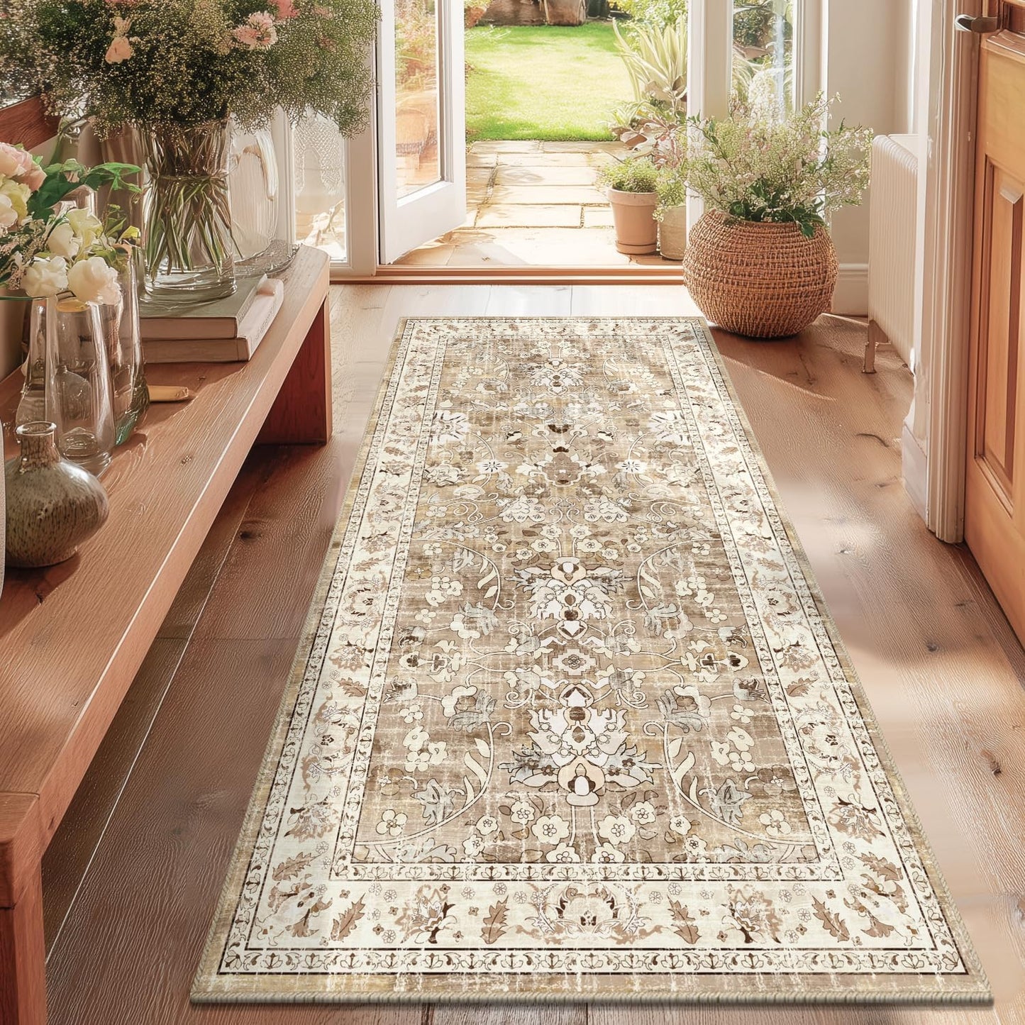 LOKHOM Washable Runner Rug, 2.6x14 Non-Slip Vintage Long Hallway Runner Rugs with Rubber Backing, Boho Soft Distressed Kitchen Rug Floor Carpet Runner for Hallway Laundry Entryway Bedroom(Beige Brown)