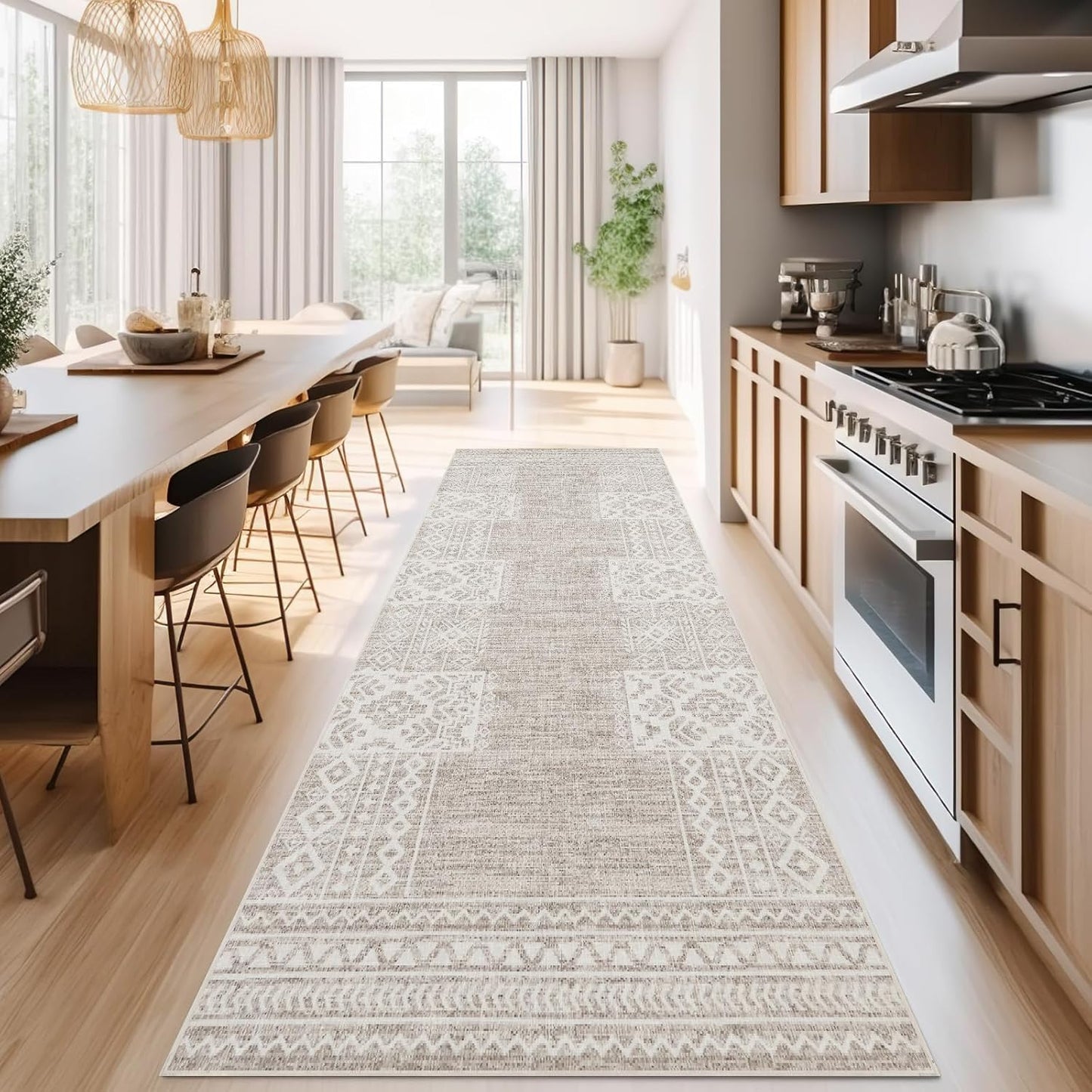 jinchan Runner Rug 3x10 Vintage Hallway Kitchen Runner Ultra-Thin Washable Boho Geometric Rug Non-Slip Non-Shedding Carpet for Bedroom Living Room Stairway Grey Ivory