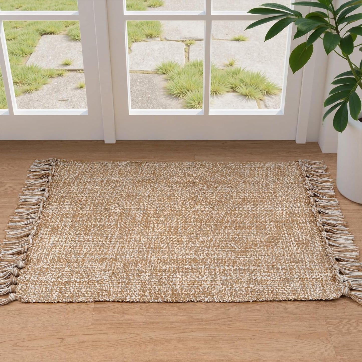 Collive Boho 18 ft Long Runner Rug for Hallway, Washable Kitchen Runner, Cotton Hand-Woven Farmhouse Neutral Carpet Runners, Tan/Cream Low Pile Entryway Floor Runners for Bedroom