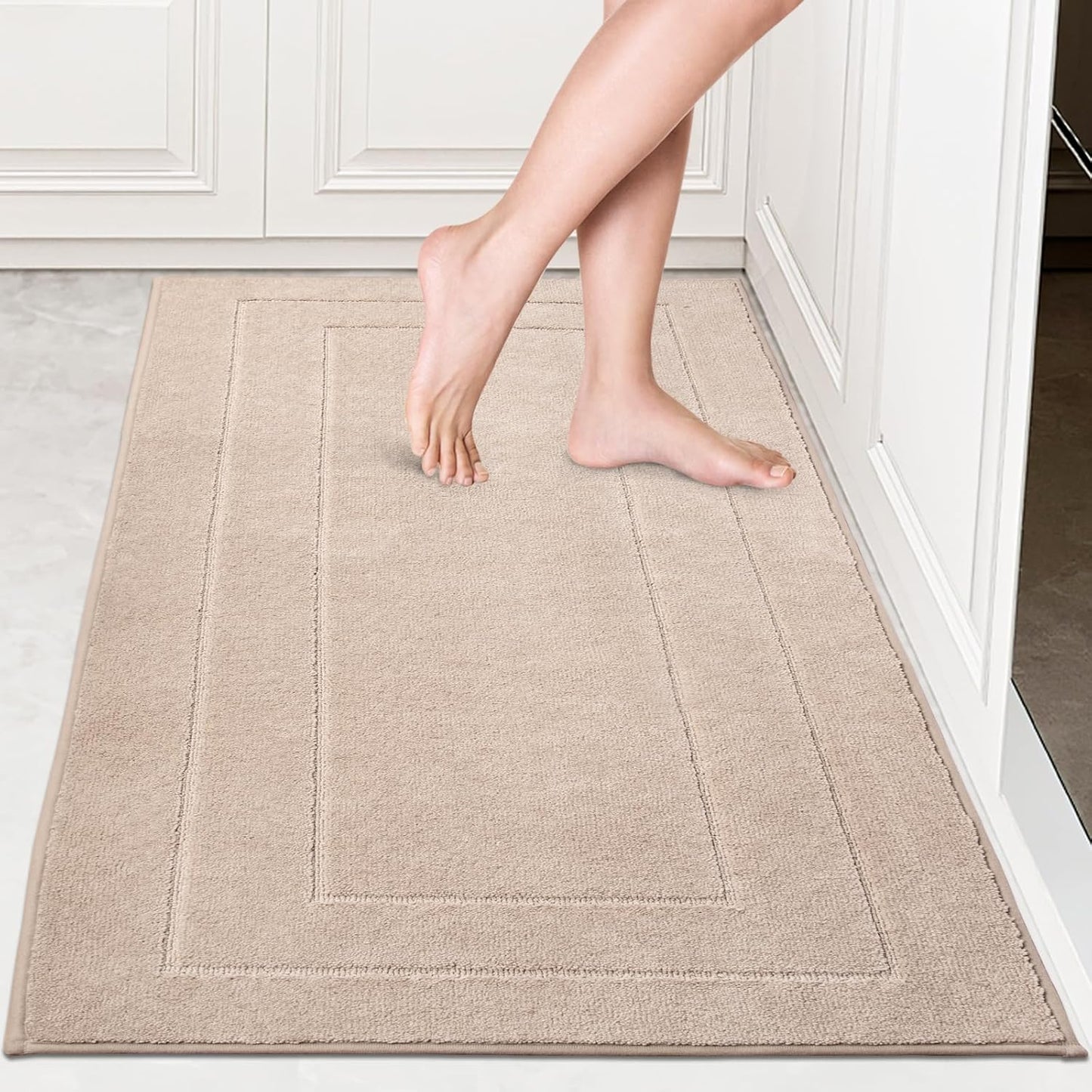 PURRUGS Machine Washable Kitchen Rug Set [2 PCS] (24" x 35.5"+ 24" x 59"), Non-Slip/Skid Kitchen Runner Rugs & Floor Mats, Super Absorbent Soft Standing Mats for Kitchen, Laundry & Sink, Beige