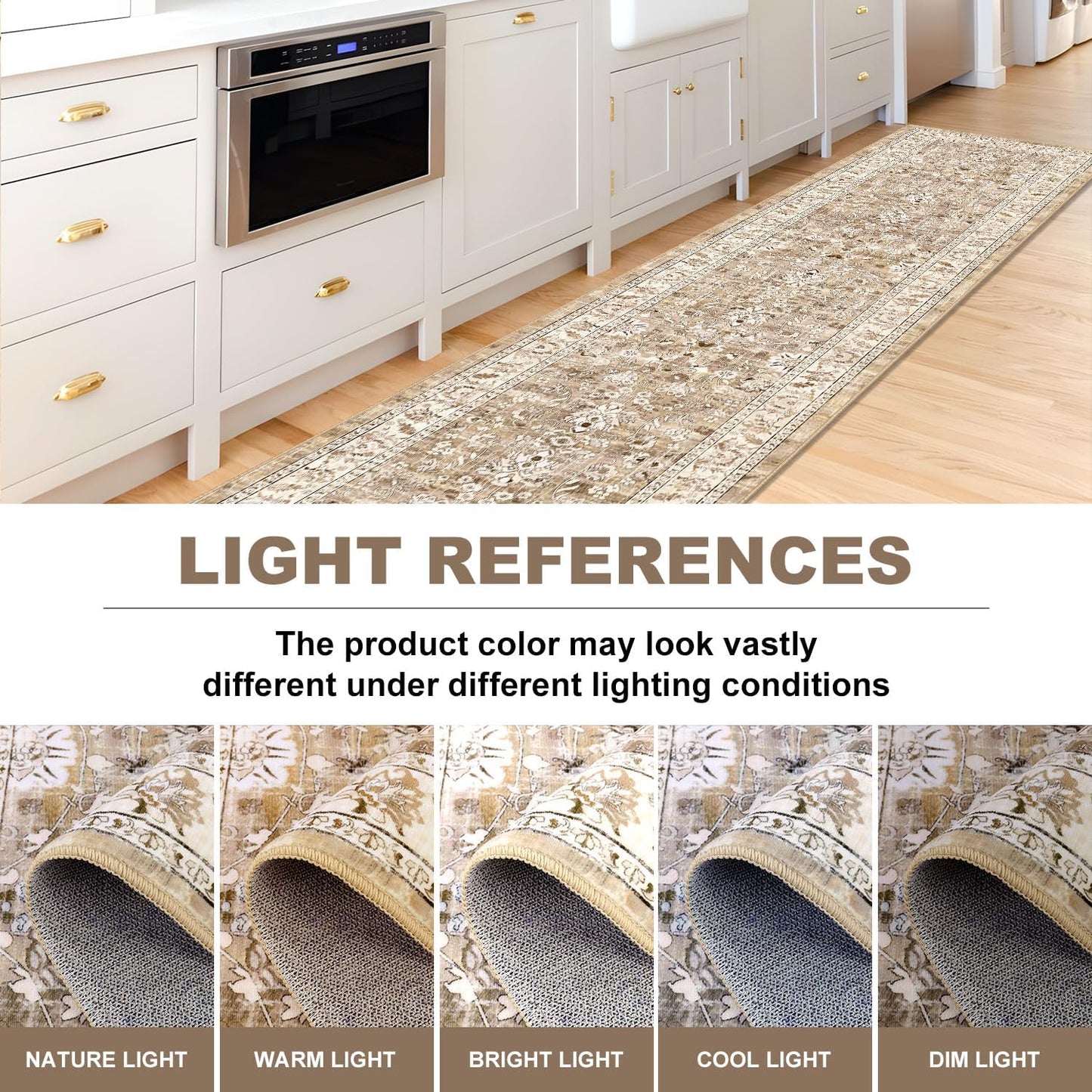 LOKHOM Washable Runner Rug, 2.6x14 Non-Slip Vintage Long Hallway Runner Rugs with Rubber Backing, Boho Soft Distressed Kitchen Rug Floor Carpet Runner for Hallway Laundry Entryway Bedroom(Beige Brown)