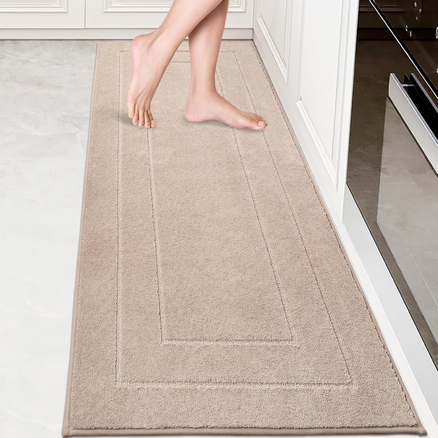 PURRUGS Machine Washable Kitchen Rug Set [2 PCS] (24" x 35.5"+ 24" x 59"), Non-Slip/Skid Kitchen Runner Rugs & Floor Mats, Super Absorbent Soft Standing Mats for Kitchen, Laundry & Sink, Beige