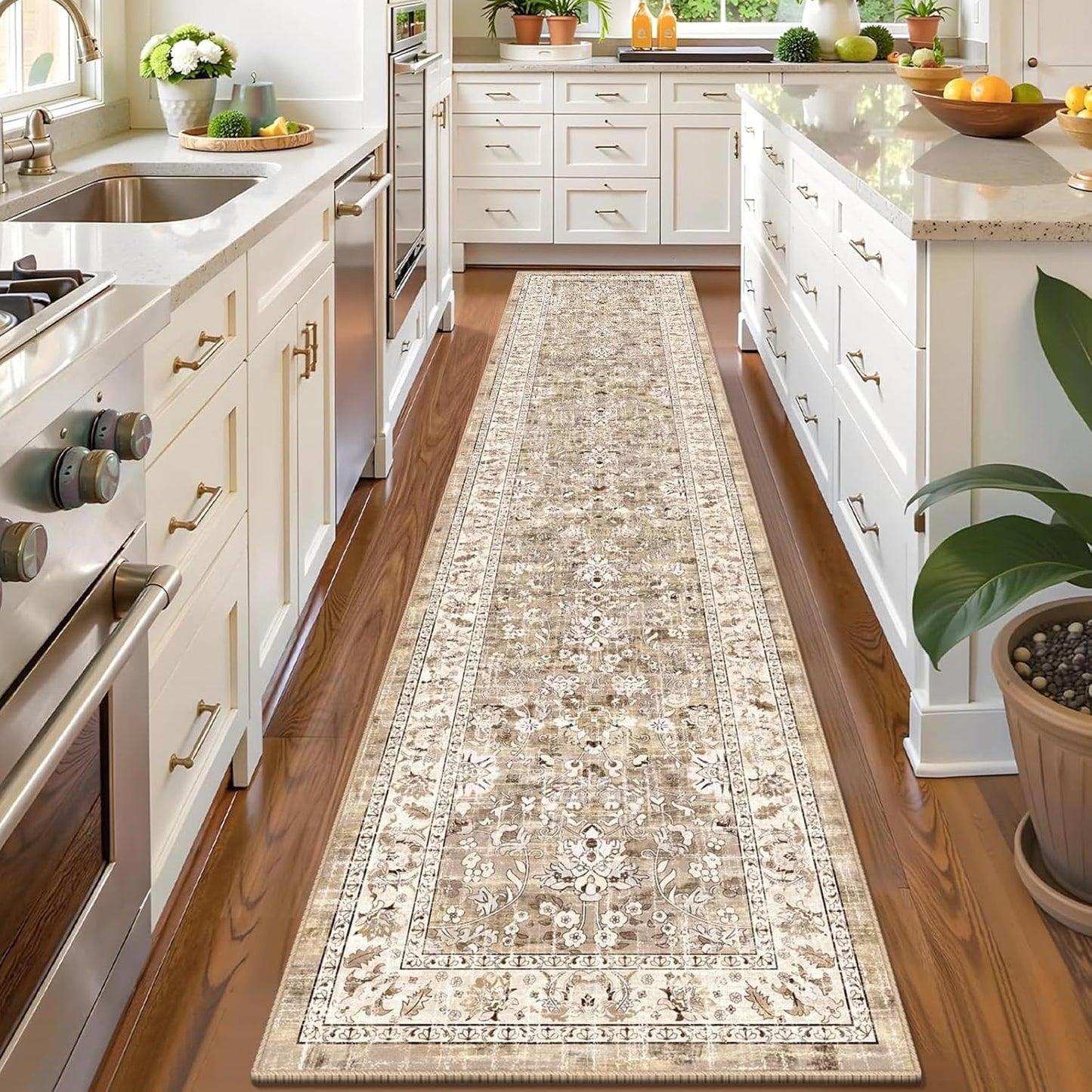 LOKHOM Washable Runner Rug, 2.6x14 Non-Slip Vintage Long Hallway Runner Rugs with Rubber Backing, Boho Soft Distressed Kitchen Rug Floor Carpet Runner for Hallway Laundry Entryway Bedroom(Beige Brown)