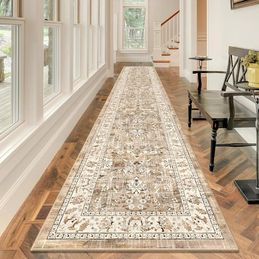 LOKHOM Washable Runner Rug, 2.6x14 Non-Slip Vintage Long Hallway Runner Rugs with Rubber Backing, Boho Soft Distressed Kitchen Rug Floor Carpet Runner for Hallway Laundry Entryway Bedroom(Beige Brown)