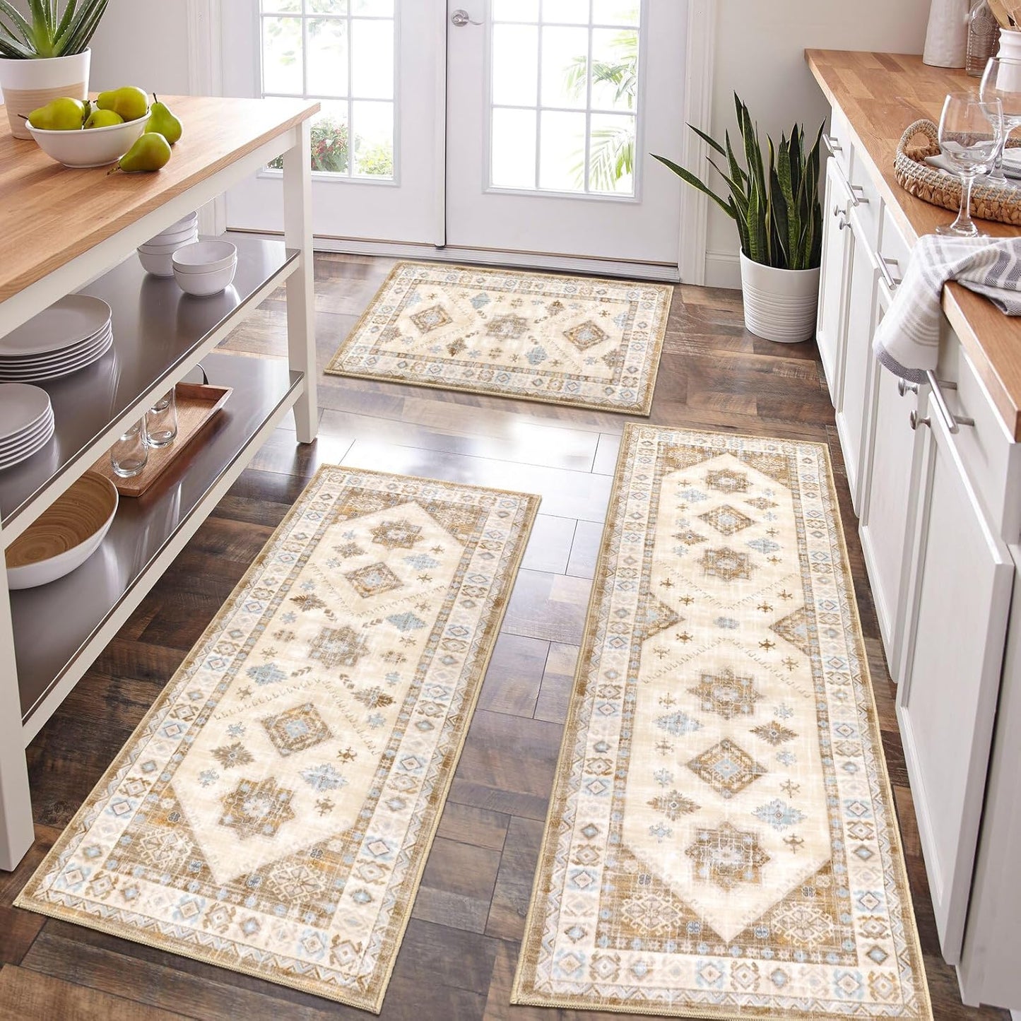 HEBE Boho Kitchen Rug Sets 3 Piece with Runner Non Slip Kitchen Rugs and Mats Washable Kitchen Mats for Floor Thick Kitchen Floor Mat Carpet Runner Rugs for Hallway Laundry Holiday Decor