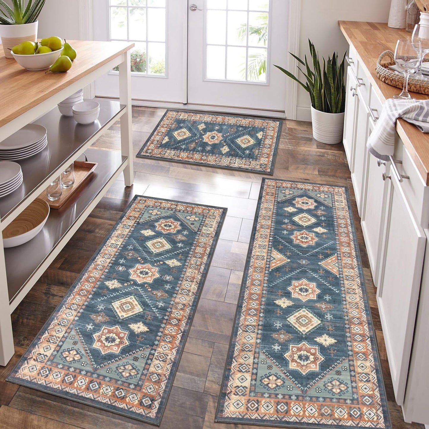 HEBE Boho Kitchen Rug Sets 3 Piece with Runner Non Slip Kitchen Rugs and Mats Washable Kitchen Mats for Floor Thick Kitchen Floor Mat Carpet Runner Rugs for Hallway Laundry Holiday Decor