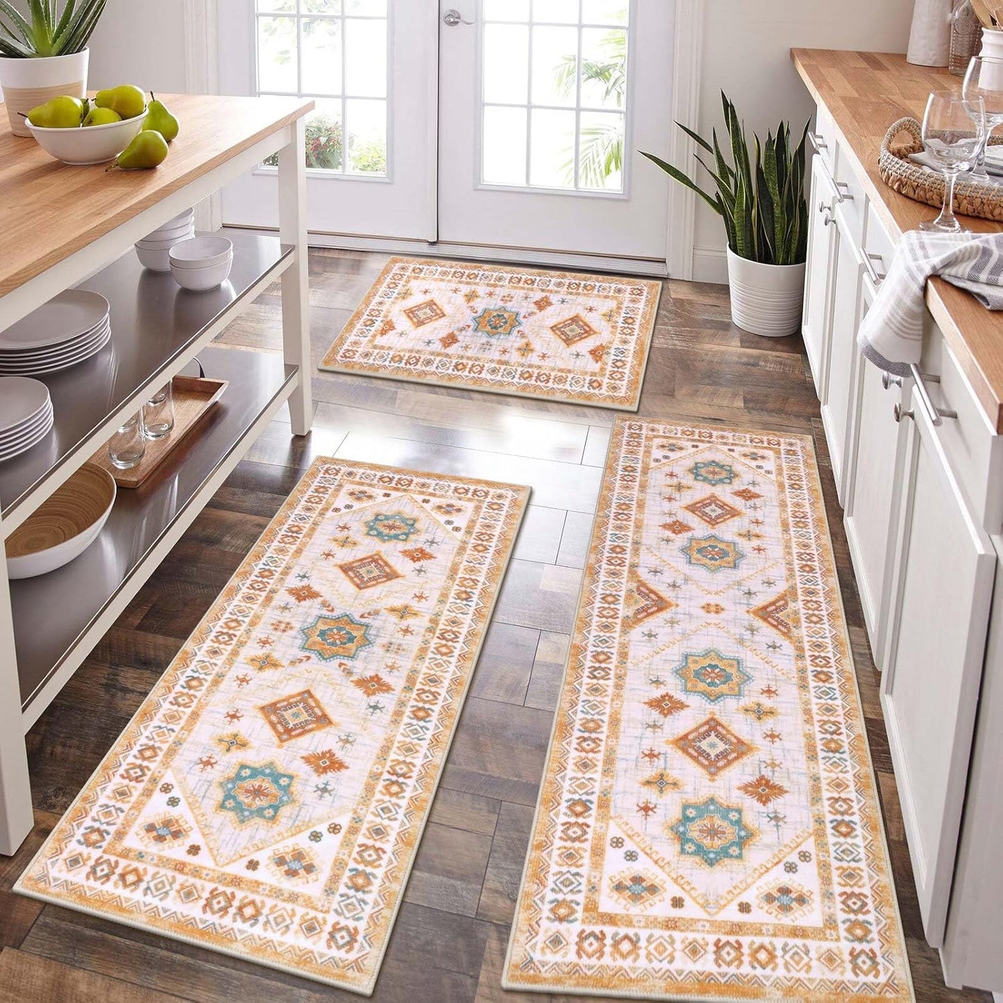 HEBE Boho Kitchen Rug Sets 3 Piece with Runner Non Slip Kitchen Rugs and Mats Washable Kitchen Mats for Floor Thick Kitchen Floor Mat Carpet Runner Rugs for Hallway Laundry Holiday Decor