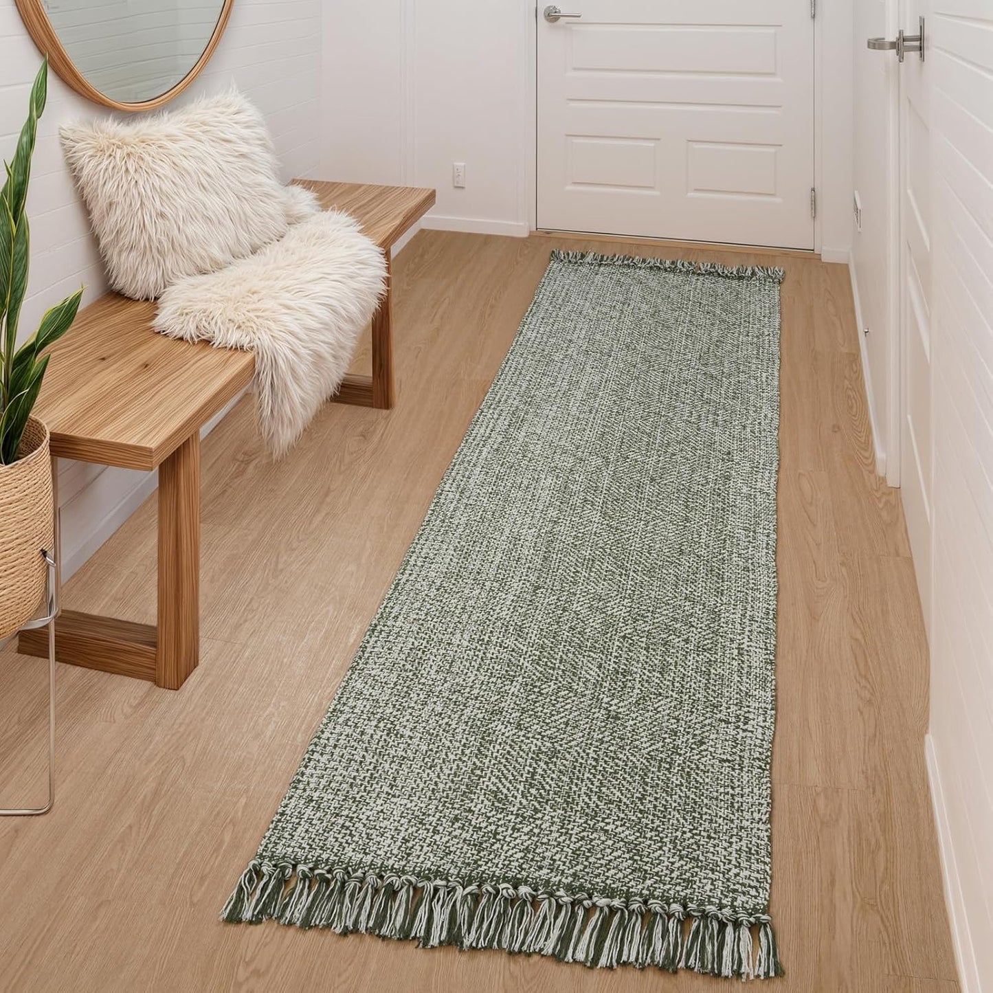 Collive Boho 18 ft Long Runner Rug for Hallway, Washable Kitchen Runner, Cotton Hand-Woven Farmhouse Neutral Carpet Runners, Tan/Cream Low Pile Entryway Floor Runners for Bedroom