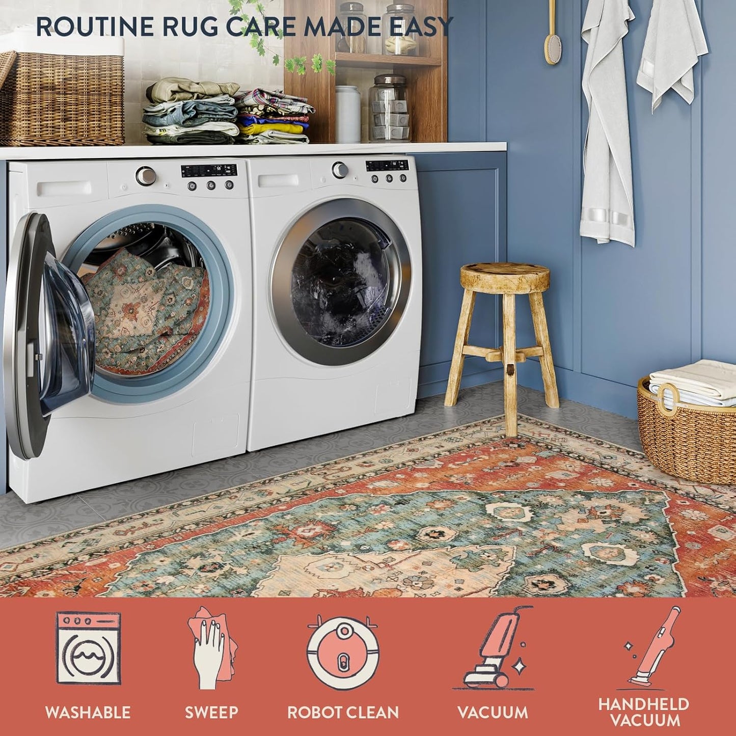 Lahome Boho Tribal 2'6" x 10' Washable Runners for Hallways, Oriental Kitchen Runner Rugs Non Skid Washable, Oriental Soft Long Stair Carpet Runner for Bathroom Living Room Bedroom, Rust/Dull Teal