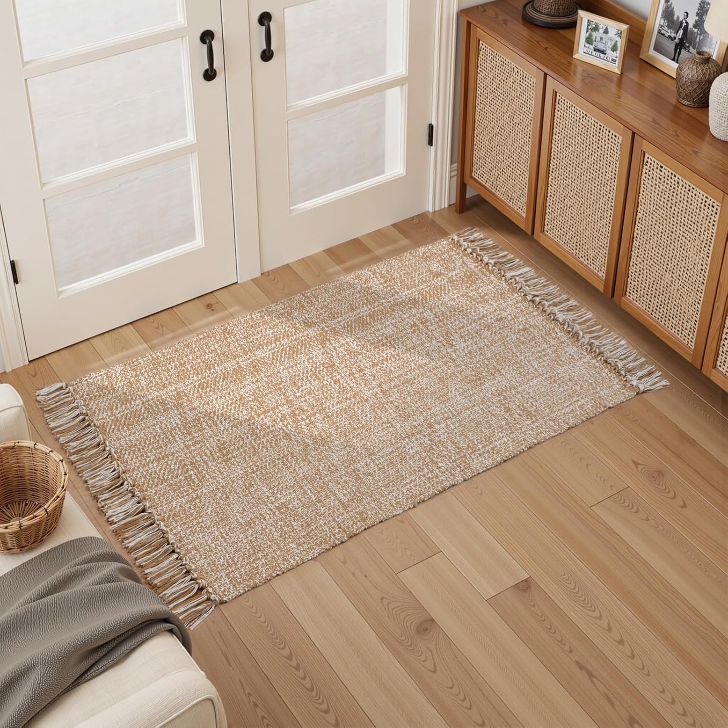 Collive Boho 18 ft Long Runner Rug for Hallway, Washable Kitchen Runner, Cotton Hand-Woven Farmhouse Neutral Carpet Runners, Tan/Cream Low Pile Entryway Floor Runners for Bedroom