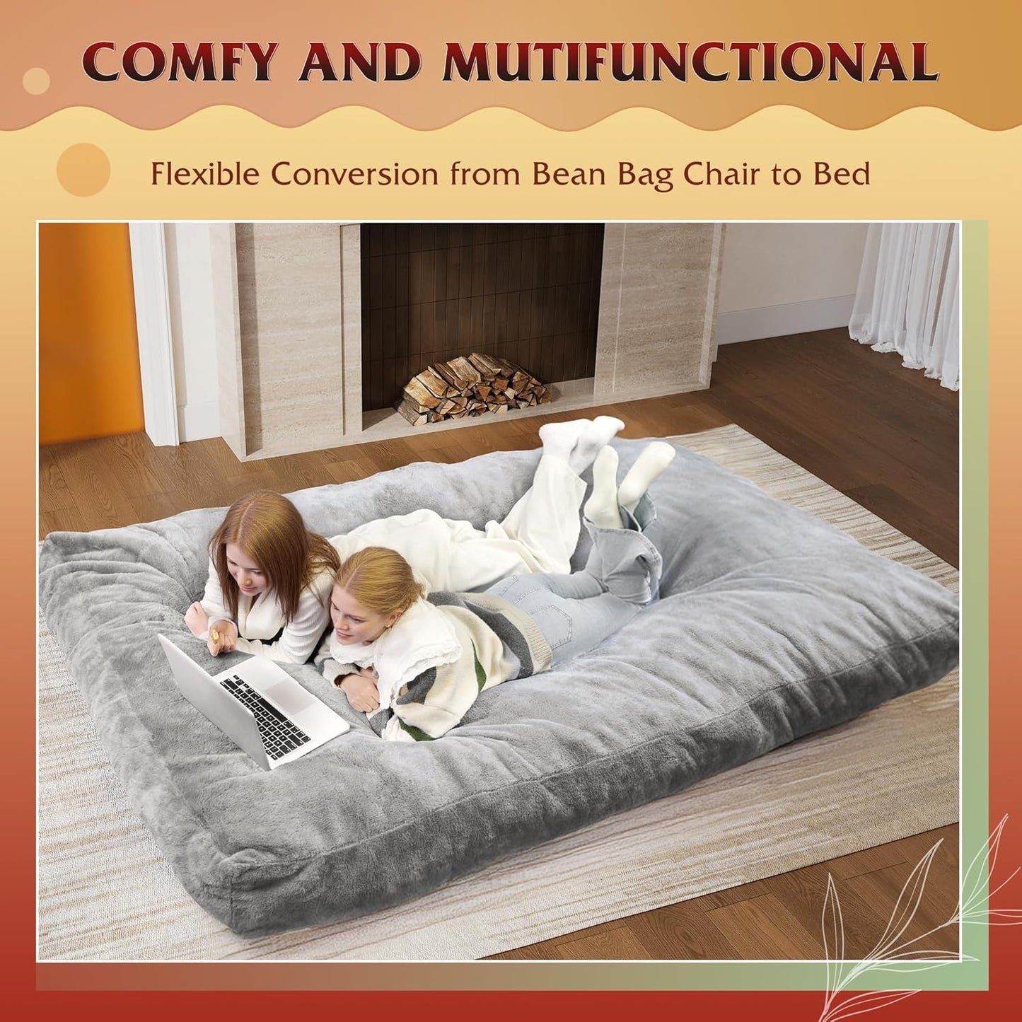 WLIVE 4FT Bean Bag Chair, Bean Bag Bed, Convertible Chair Folds from Bean Bag to Floor Mattress, High-Rebound Memory Foam, Full Size, Grey