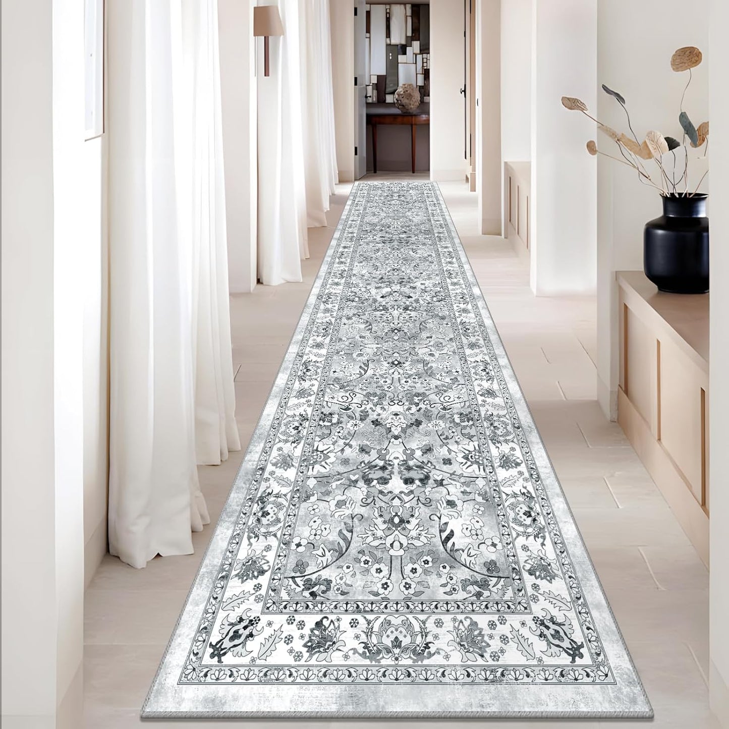 LOKHOM Washable Runner Rug, 2.6x14 Non-Slip Vintage Long Hallway Runner Rugs with Rubber Backing, Boho Soft Distressed Kitchen Rug Floor Carpet Runner for Hallway Laundry Entryway Bedroom(Beige Brown)