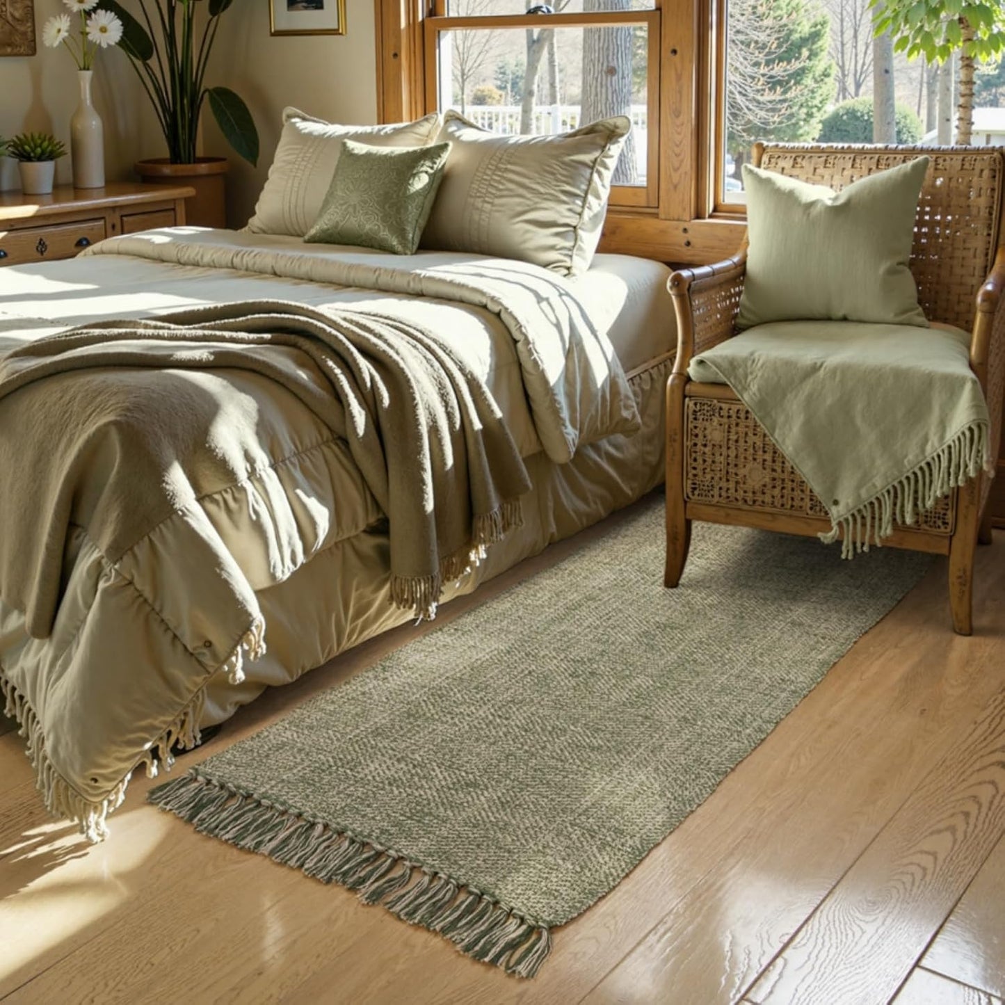 Collive Boho 18 ft Long Runner Rug for Hallway, Washable Kitchen Runner, Cotton Hand-Woven Farmhouse Neutral Carpet Runners, Tan/Cream Low Pile Entryway Floor Runners for Bedroom