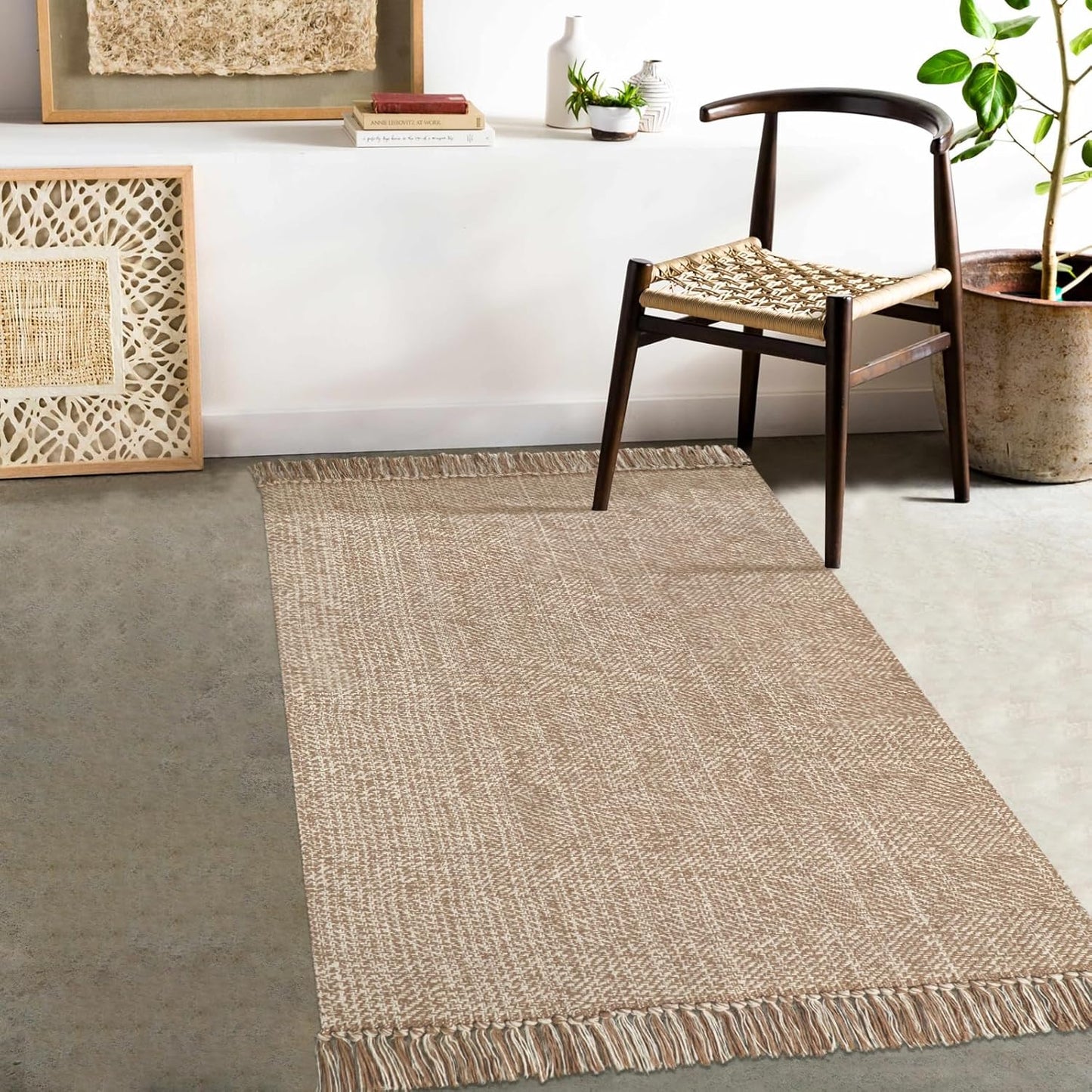 Collive Boho 18 ft Long Runner Rug for Hallway, Washable Kitchen Runner, Cotton Hand-Woven Farmhouse Neutral Carpet Runners, Tan/Cream Low Pile Entryway Floor Runners for Bedroom
