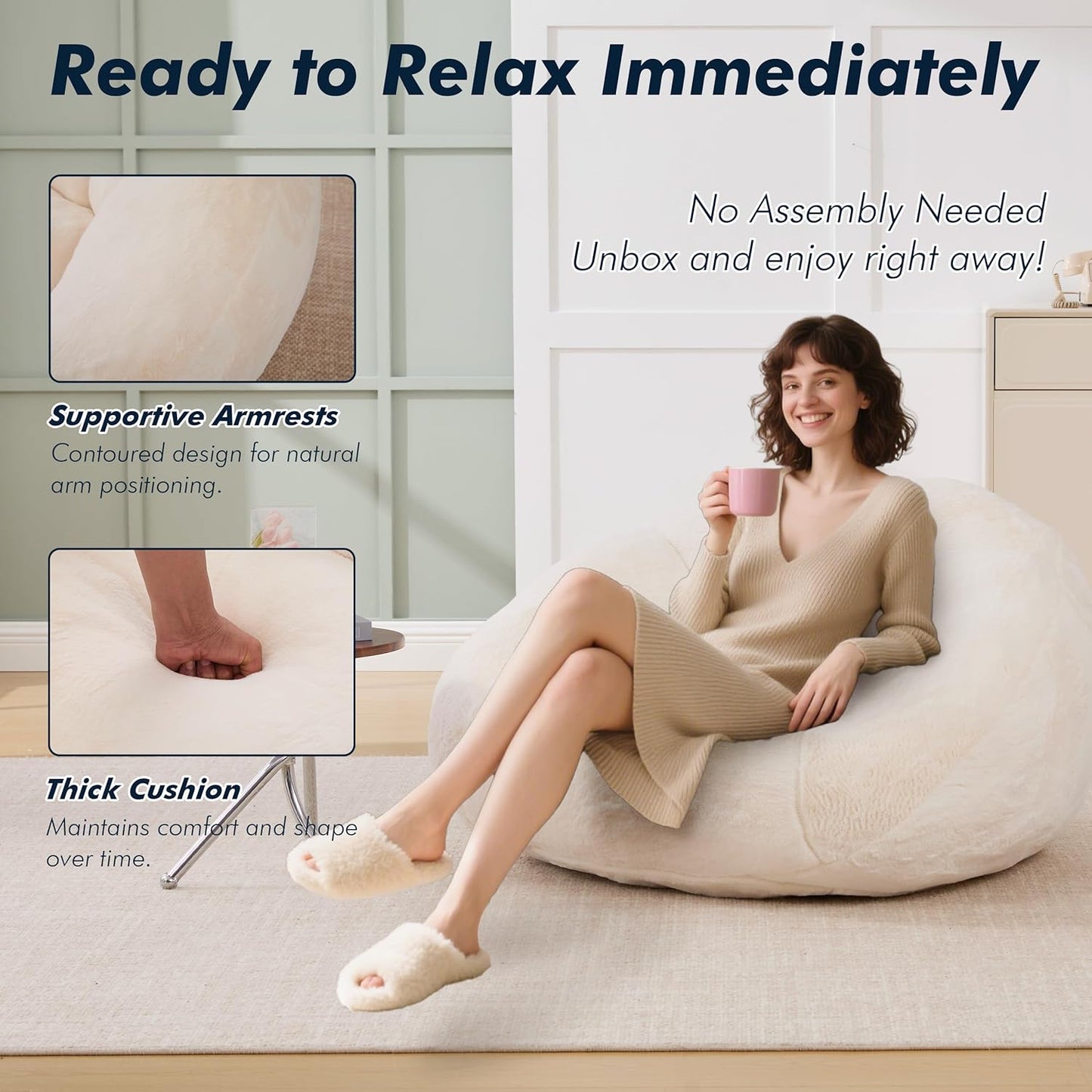 Giant Bean Bag Sofa, Oversized Shell-Shaped Lounge Floor Sofa for Adults & Kits, Comfy Beanbag Couch for Bedroom, Reading Nook, Living Room, Game Room (Beige)