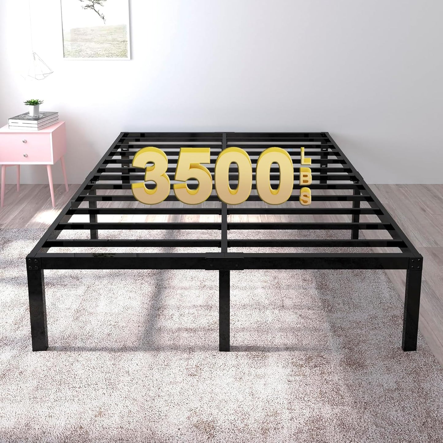 14 Inch Queen Metal Platform Bed Frame with Round Corner and Mattress Retainers, 3500lbs Heavy Duty Steel Slats Support, No Box Spring Needed, Easy Assembly, Noise Free