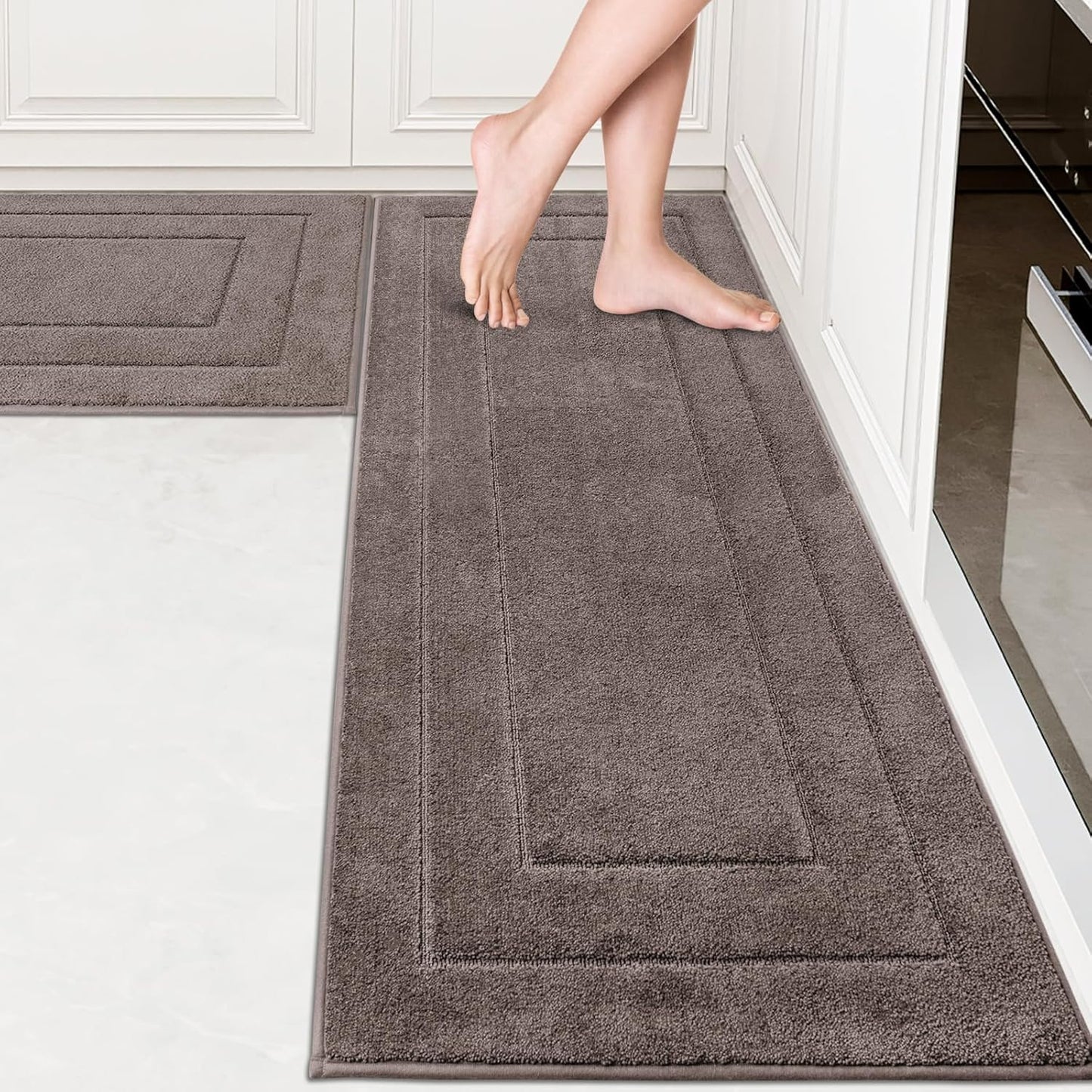 PURRUGS Machine Washable Kitchen Rug Set [2 PCS] (24" x 35.5"+ 24" x 59"), Non-Slip/Skid Kitchen Runner Rugs & Floor Mats, Super Absorbent Soft Standing Mats for Kitchen, Laundry & Sink, Beige
