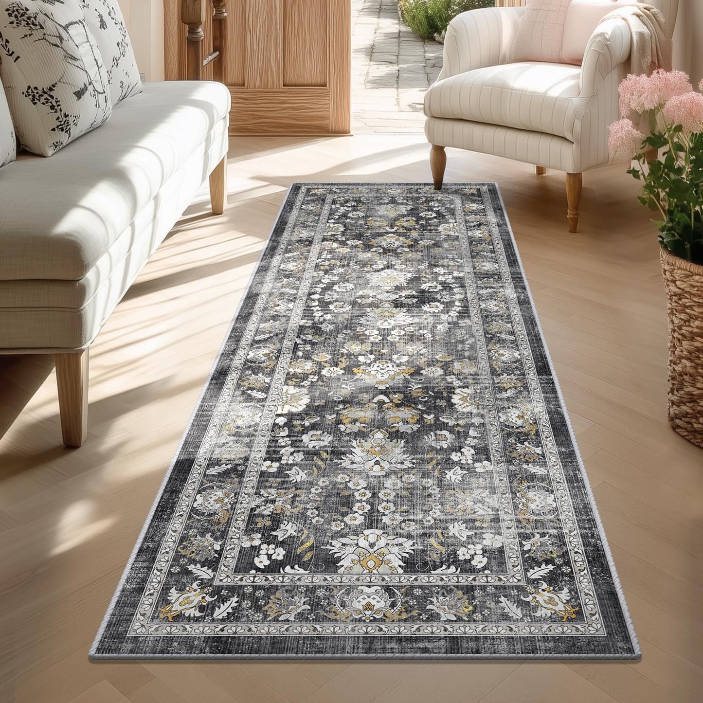 LOKHOM Washable Runner Rug, 2.6x14 Non-Slip Vintage Long Hallway Runner Rugs with Rubber Backing, Boho Soft Distressed Kitchen Rug Floor Carpet Runner for Hallway Laundry Entryway Bedroom(Beige Brown)