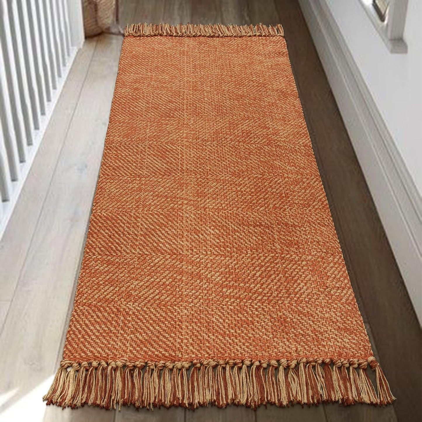 Collive Boho 18 ft Long Runner Rug for Hallway, Washable Kitchen Runner, Cotton Hand-Woven Farmhouse Neutral Carpet Runners, Tan/Cream Low Pile Entryway Floor Runners for Bedroom