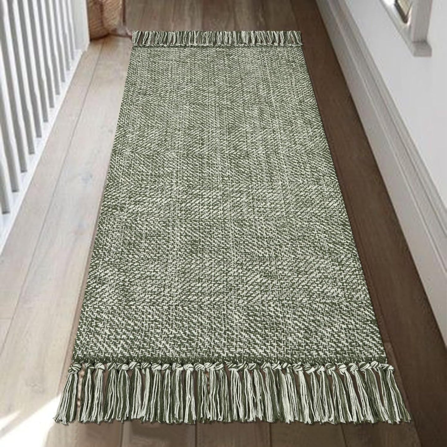 Collive Boho 18 ft Long Runner Rug for Hallway, Washable Kitchen Runner, Cotton Hand-Woven Farmhouse Neutral Carpet Runners, Tan/Cream Low Pile Entryway Floor Runners for Bedroom