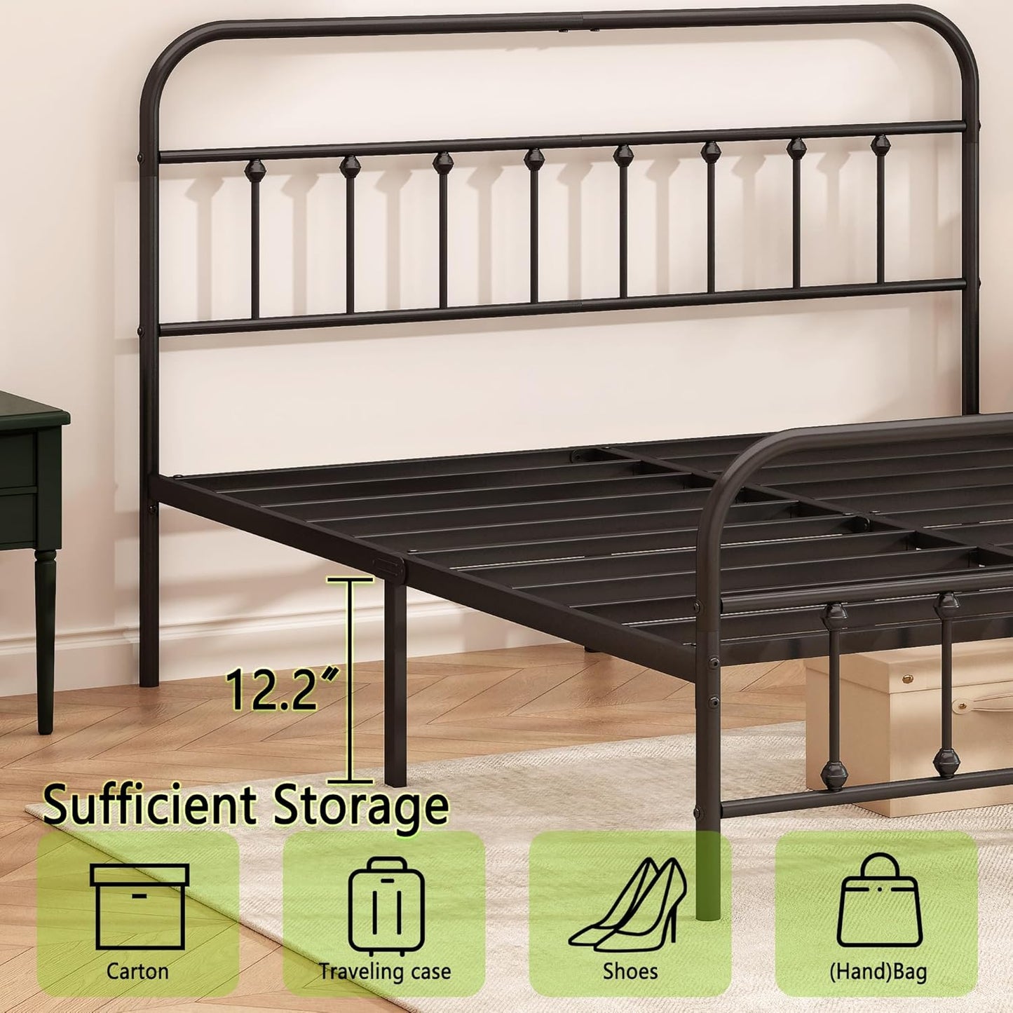 Metal Bed Frame - Structurally Stable Heavy Duty Steel Slat Supported Queen Bed Frames,No Box Spring Needed for Easy Removal and Transport.