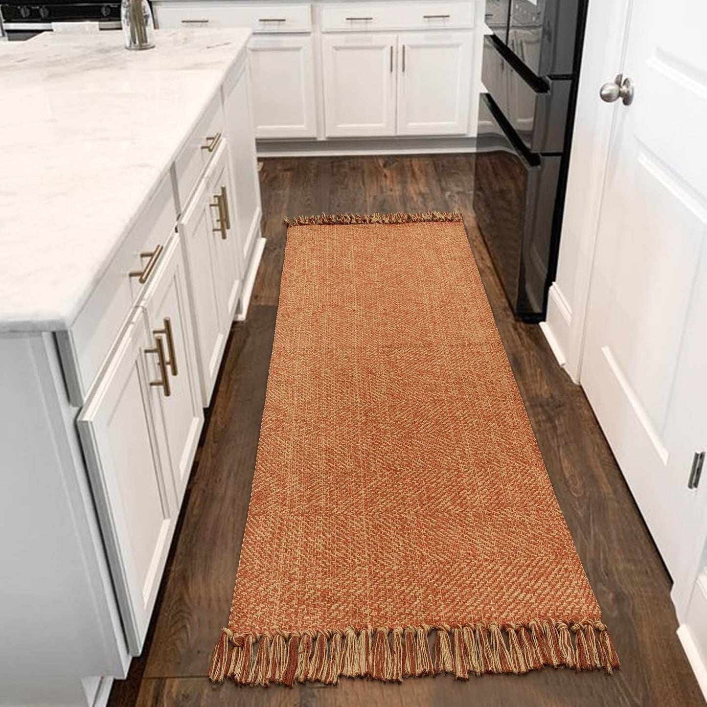 Collive Boho 18 ft Long Runner Rug for Hallway, Washable Kitchen Runner, Cotton Hand-Woven Farmhouse Neutral Carpet Runners, Tan/Cream Low Pile Entryway Floor Runners for Bedroom