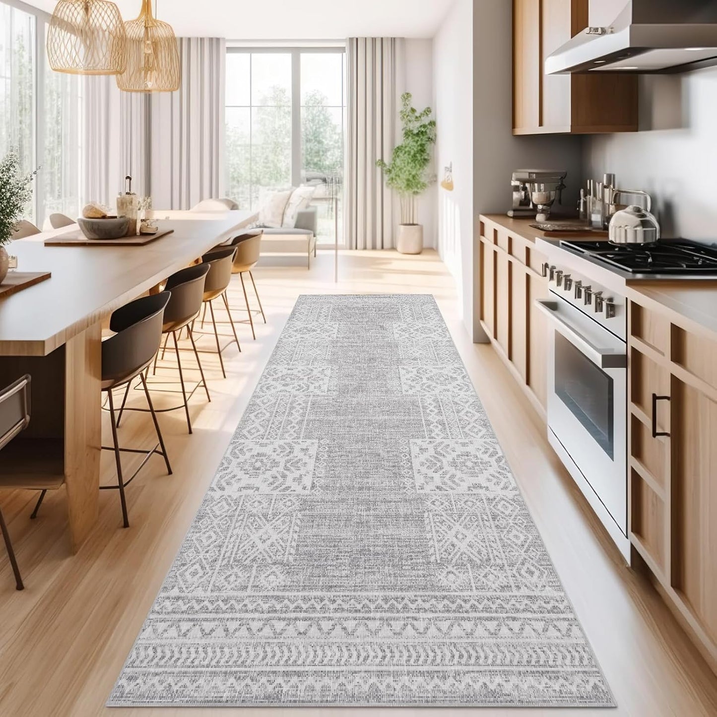 jinchan Runner Rug 3x10 Vintage Hallway Kitchen Runner Ultra-Thin Washable Boho Geometric Rug Non-Slip Non-Shedding Carpet for Bedroom Living Room Stairway Grey Ivory