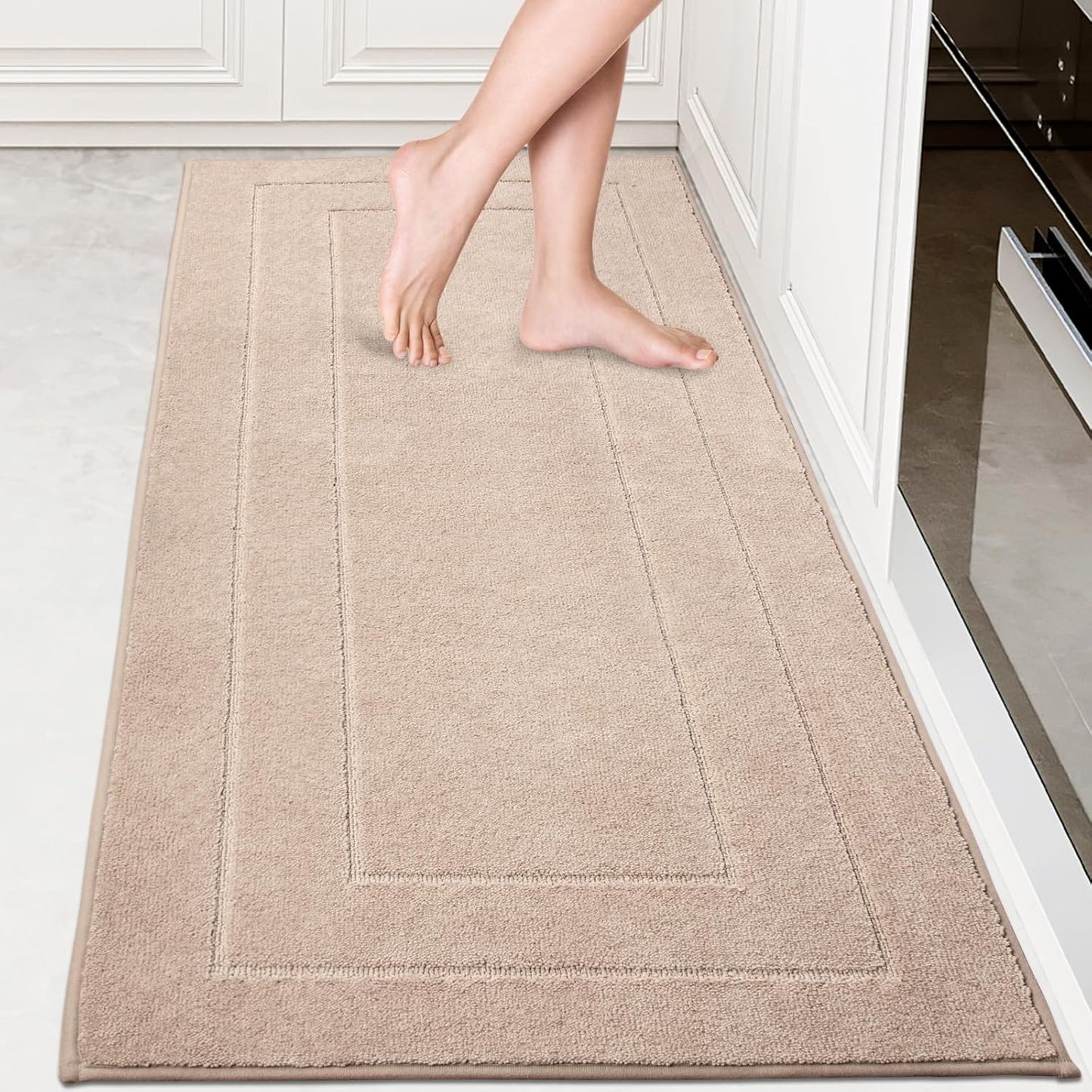 PURRUGS Machine Washable Kitchen Rug Set [2 PCS] (24" x 35.5"+ 24" x 59"), Non-Slip/Skid Kitchen Runner Rugs & Floor Mats, Super Absorbent Soft Standing Mats for Kitchen, Laundry & Sink, Beige