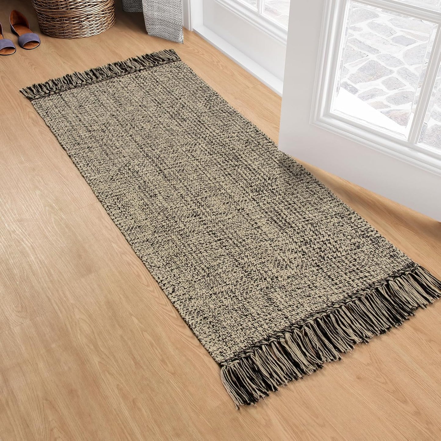 Collive Boho 18 ft Long Runner Rug for Hallway, Washable Kitchen Runner, Cotton Hand-Woven Farmhouse Neutral Carpet Runners, Tan/Cream Low Pile Entryway Floor Runners for Bedroom