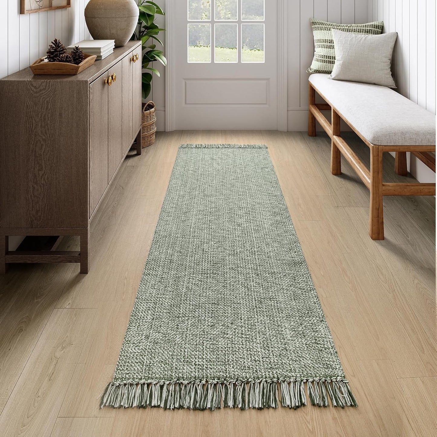 Collive Boho 18 ft Long Runner Rug for Hallway, Washable Kitchen Runner, Cotton Hand-Woven Farmhouse Neutral Carpet Runners, Tan/Cream Low Pile Entryway Floor Runners for Bedroom