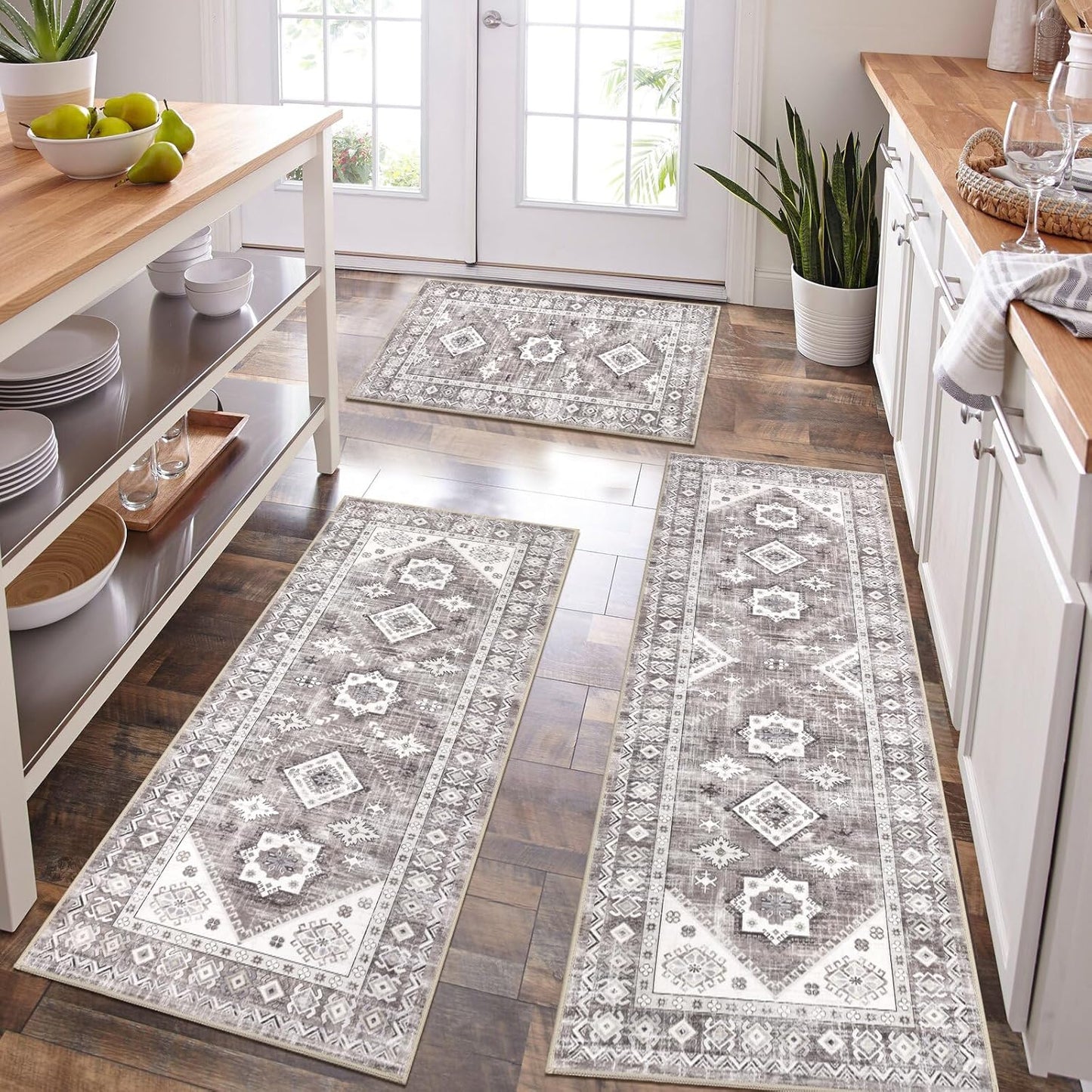HEBE Boho Kitchen Rug Sets 3 Piece with Runner Non Slip Kitchen Rugs and Mats Washable Kitchen Mats for Floor Thick Kitchen Floor Mat Carpet Runner Rugs for Hallway Laundry Holiday Decor
