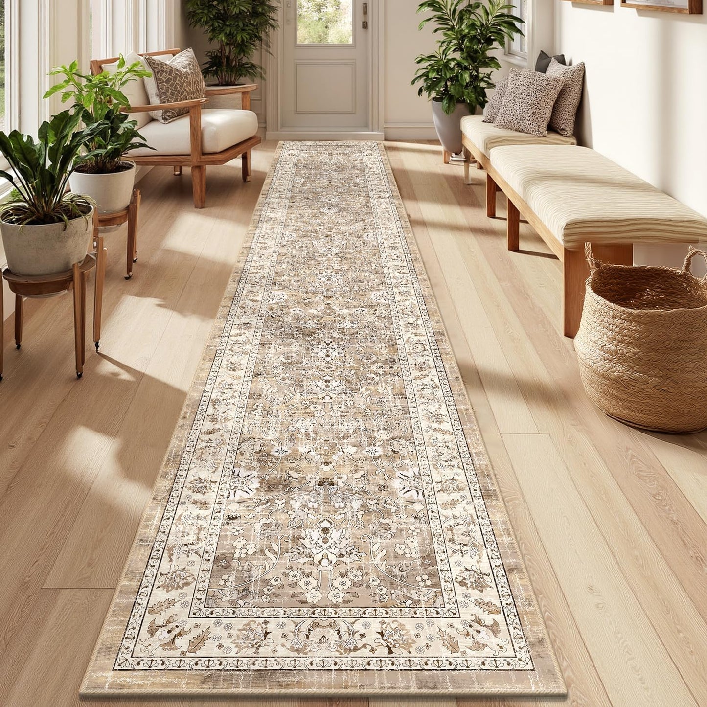 LOKHOM Washable Runner Rug, 2.6x14 Non-Slip Vintage Long Hallway Runner Rugs with Rubber Backing, Boho Soft Distressed Kitchen Rug Floor Carpet Runner for Hallway Laundry Entryway Bedroom(Beige Brown)