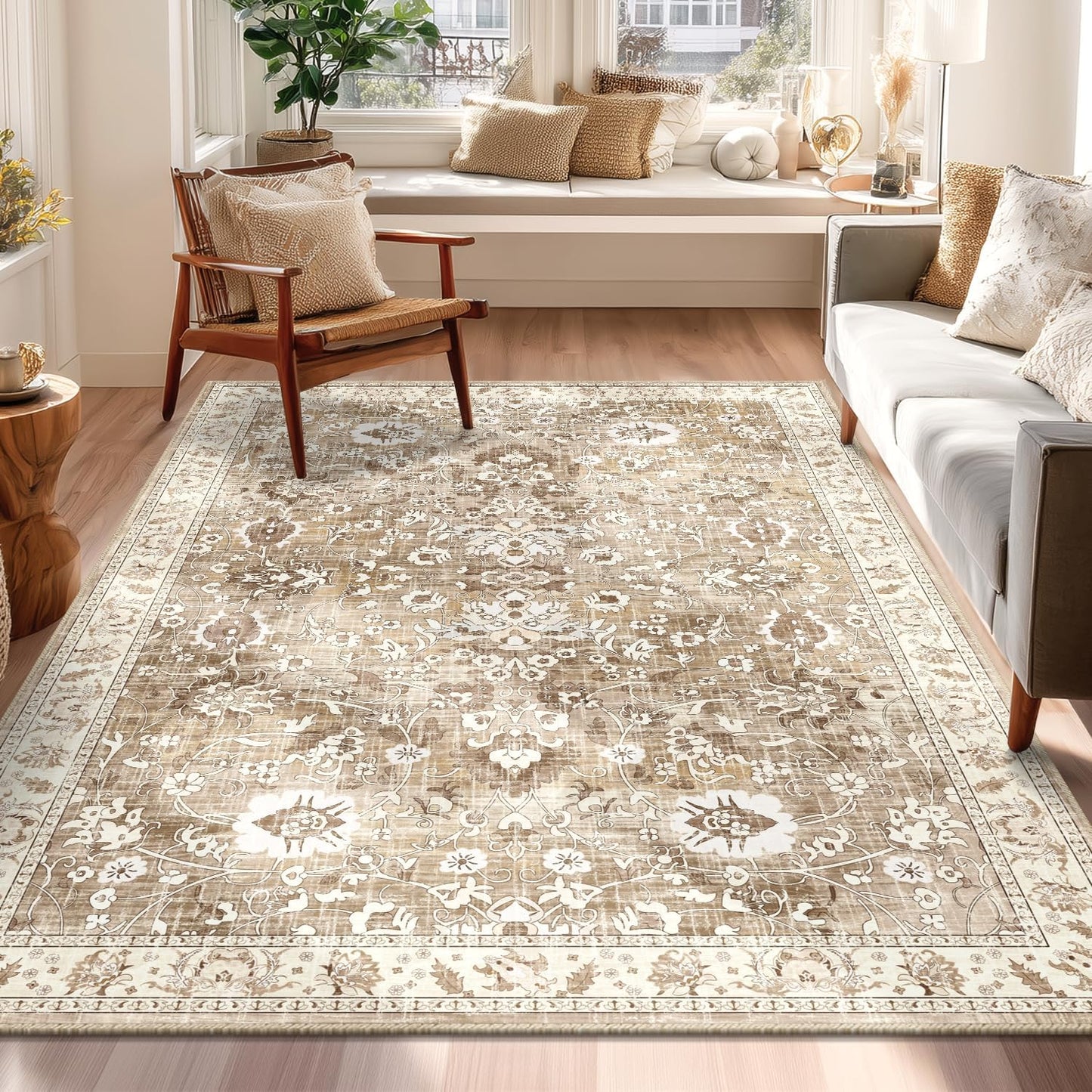 LOKHOM Washable Runner Rug, 2.6x14 Non-Slip Vintage Long Hallway Runner Rugs with Rubber Backing, Boho Soft Distressed Kitchen Rug Floor Carpet Runner for Hallway Laundry Entryway Bedroom(Beige Brown)