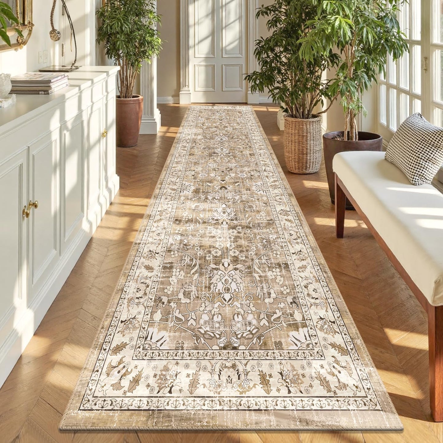 LOKHOM Washable Runner Rug, 2.6x14 Non-Slip Vintage Long Hallway Runner Rugs with Rubber Backing, Boho Soft Distressed Kitchen Rug Floor Carpet Runner for Hallway Laundry Entryway Bedroom(Beige Brown)