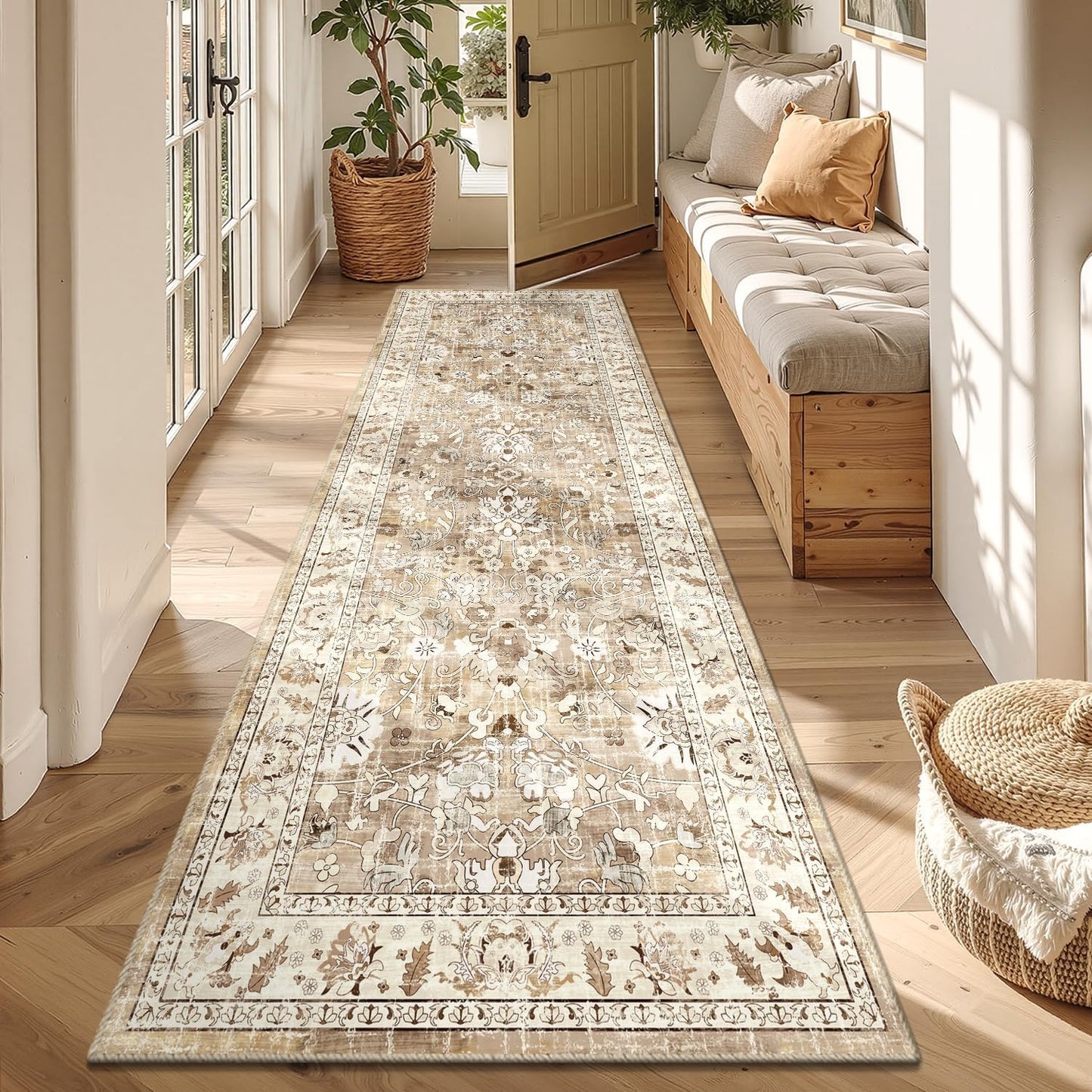 LOKHOM Washable Runner Rug, 2.6x14 Non-Slip Vintage Long Hallway Runner Rugs with Rubber Backing, Boho Soft Distressed Kitchen Rug Floor Carpet Runner for Hallway Laundry Entryway Bedroom(Beige Brown)
