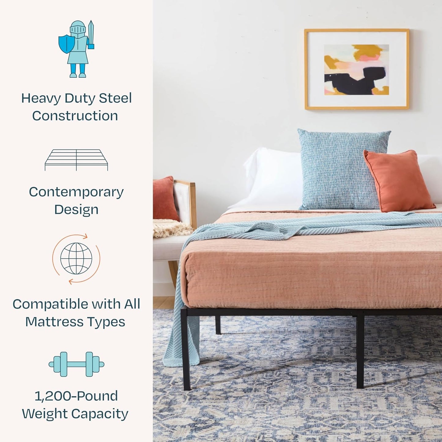 Linenspa Heavy Duty Metal Platform Bed Frame - No Box Spring Needed - Underbed Storage - Simple Tool Free Assembly - 14” High - Sturdy - Steel Slats - Sleek Modern Design - Full Size