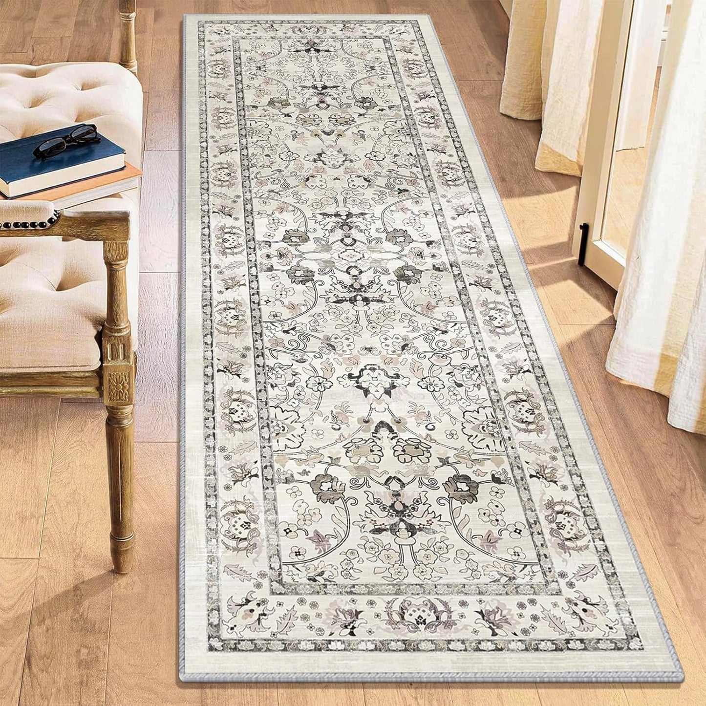 LOKHOM Washable Runner Rug, 2.6x14 Non-Slip Vintage Long Hallway Runner Rugs with Rubber Backing, Boho Soft Distressed Kitchen Rug Floor Carpet Runner for Hallway Laundry Entryway Bedroom(Beige Brown)