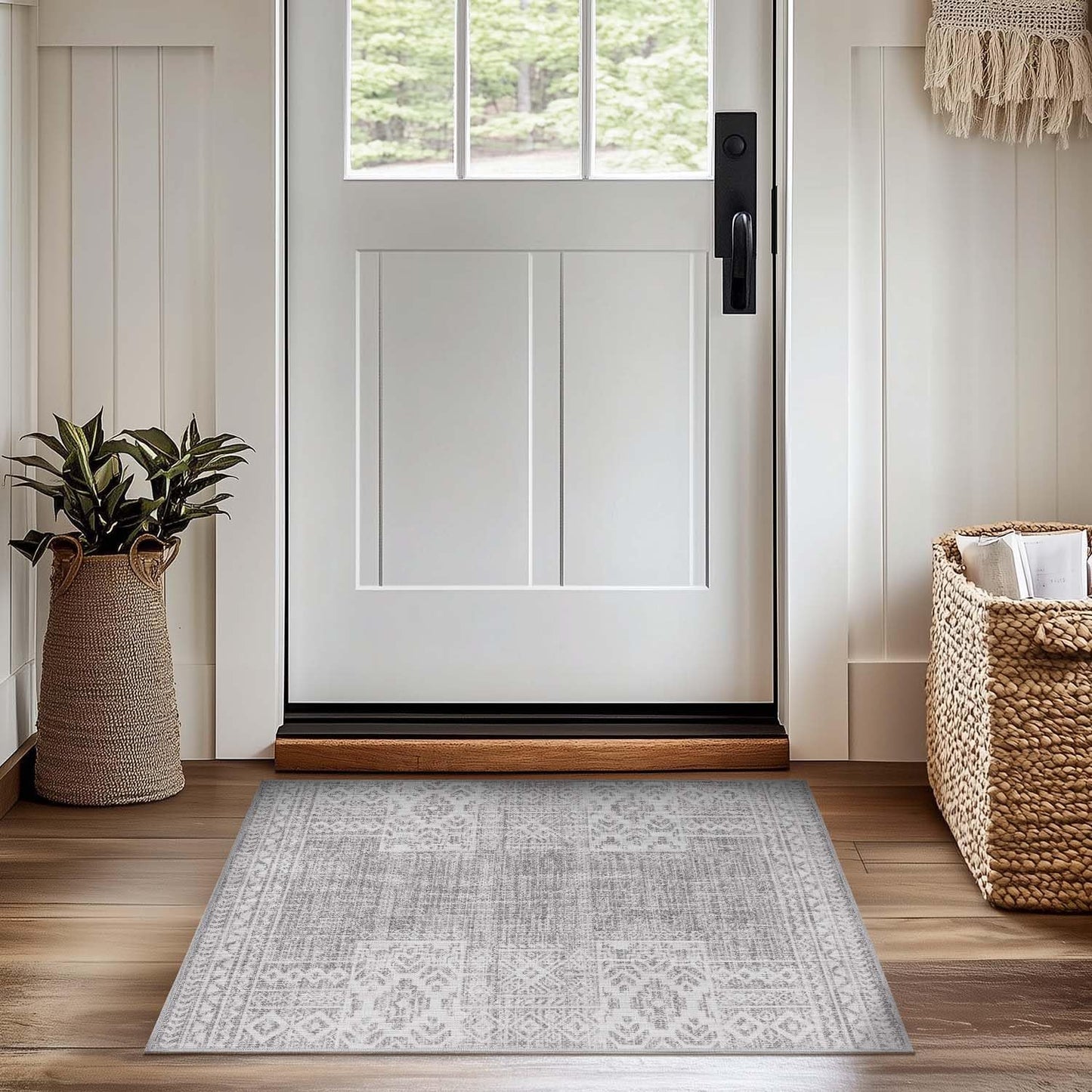 jinchan Runner Rug 3x10 Vintage Hallway Kitchen Runner Ultra-Thin Washable Boho Geometric Rug Non-Slip Non-Shedding Carpet for Bedroom Living Room Stairway Grey Ivory