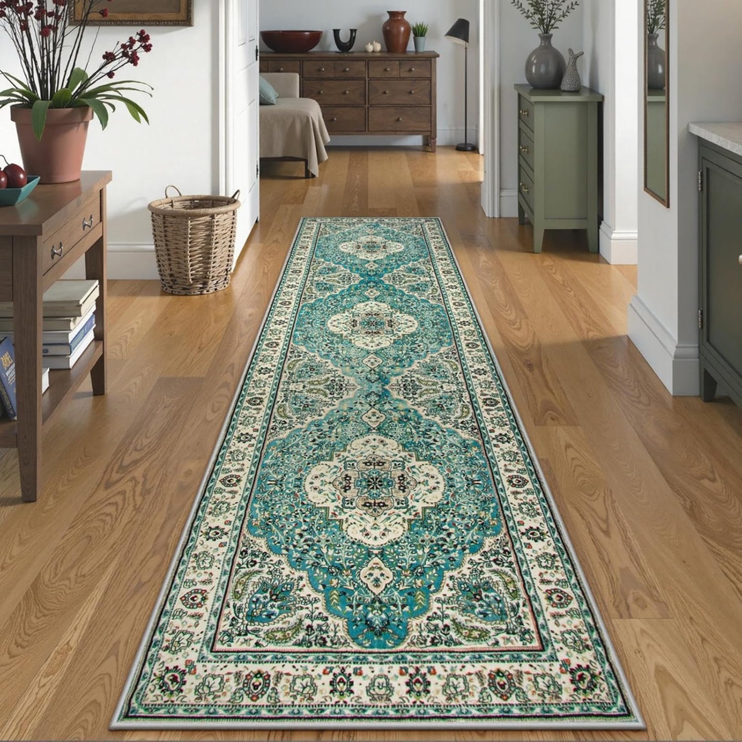 Lahome Boho Tribal 2'6" x 10' Washable Runners for Hallways, Oriental Kitchen Runner Rugs Non Skid Washable, Oriental Soft Long Stair Carpet Runner for Bathroom Living Room Bedroom, Rust/Dull Teal