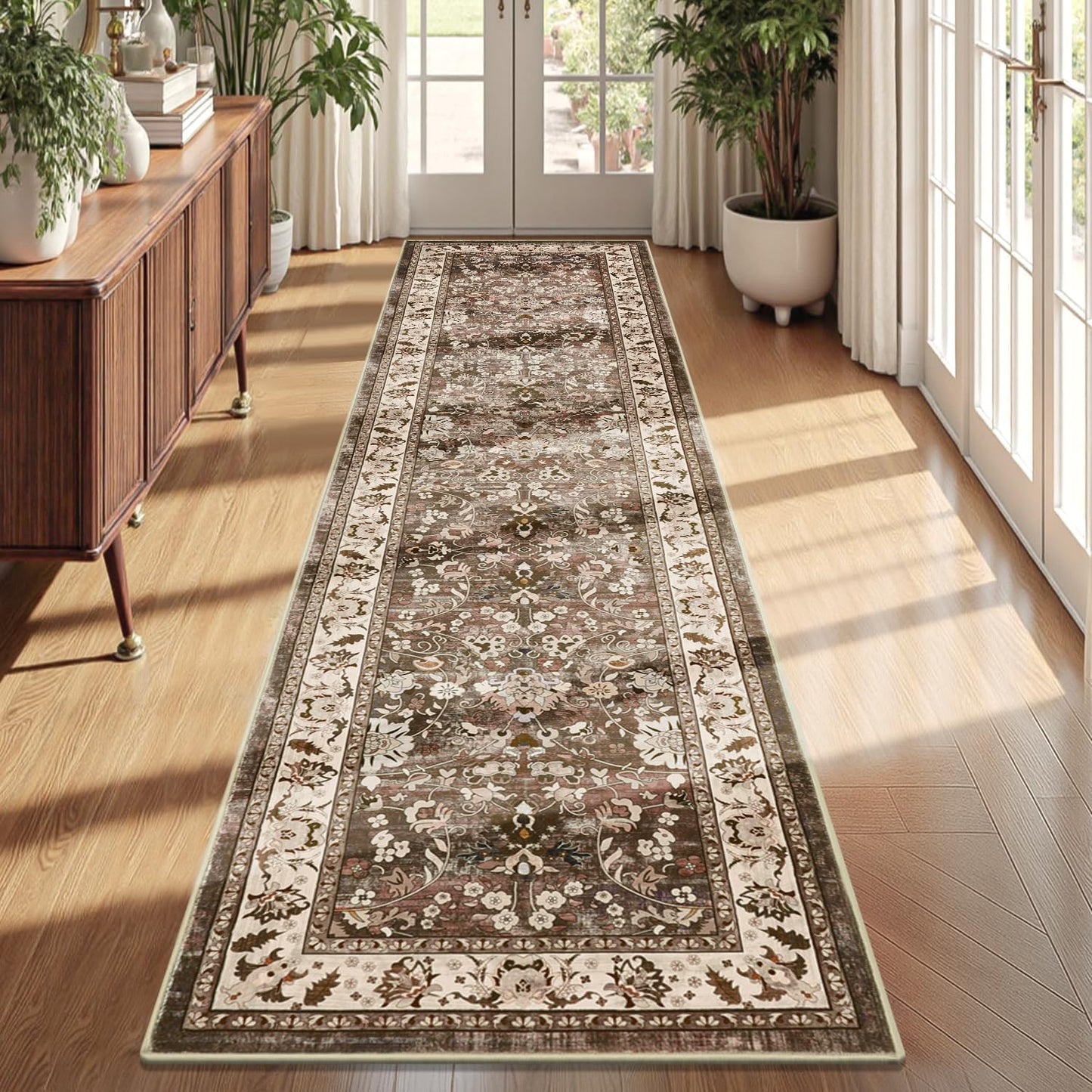 LOKHOM Washable Runner Rug, 2.6x14 Non-Slip Vintage Long Hallway Runner Rugs with Rubber Backing, Boho Soft Distressed Kitchen Rug Floor Carpet Runner for Hallway Laundry Entryway Bedroom(Beige Brown)