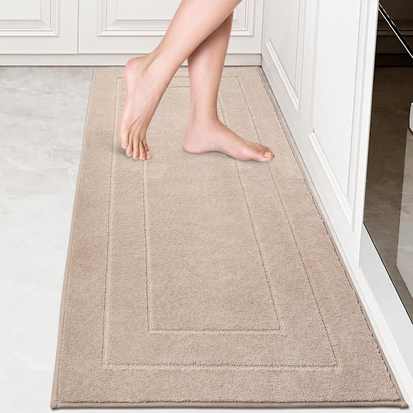 PURRUGS Machine Washable Kitchen Rug Set [2 PCS] (24" x 35.5"+ 24" x 59"), Non-Slip/Skid Kitchen Runner Rugs & Floor Mats, Super Absorbent Soft Standing Mats for Kitchen, Laundry & Sink, Beige