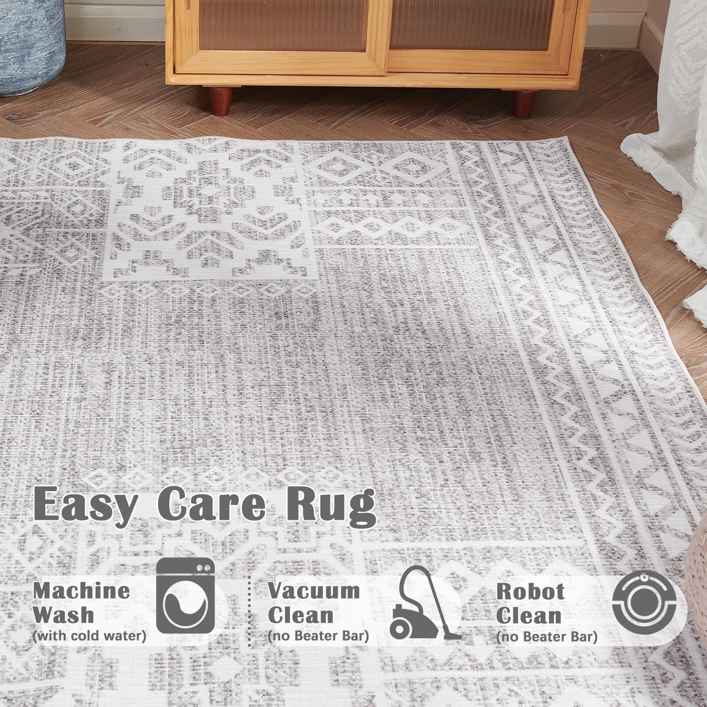 jinchan Runner Rug 3x10 Vintage Hallway Kitchen Runner Ultra-Thin Washable Boho Geometric Rug Non-Slip Non-Shedding Carpet for Bedroom Living Room Stairway Grey Ivory