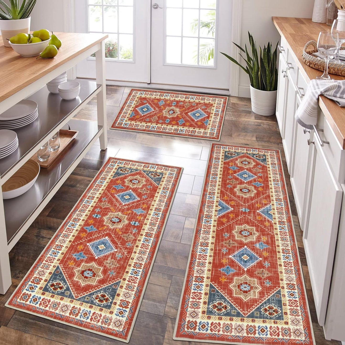 HEBE Boho Kitchen Rug Sets 3 Piece with Runner Non Slip Kitchen Rugs and Mats Washable Kitchen Mats for Floor Thick Kitchen Floor Mat Carpet Runner Rugs for Hallway Laundry Holiday Decor