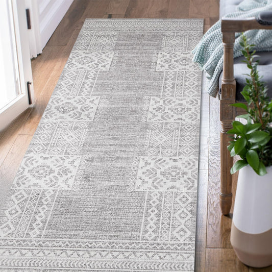 jinchan Runner Rug 3x10 Vintage Hallway Kitchen Runner Ultra-Thin Washable Boho Geometric Rug Non-Slip Non-Shedding Carpet for Bedroom Living Room Stairway Grey Ivory