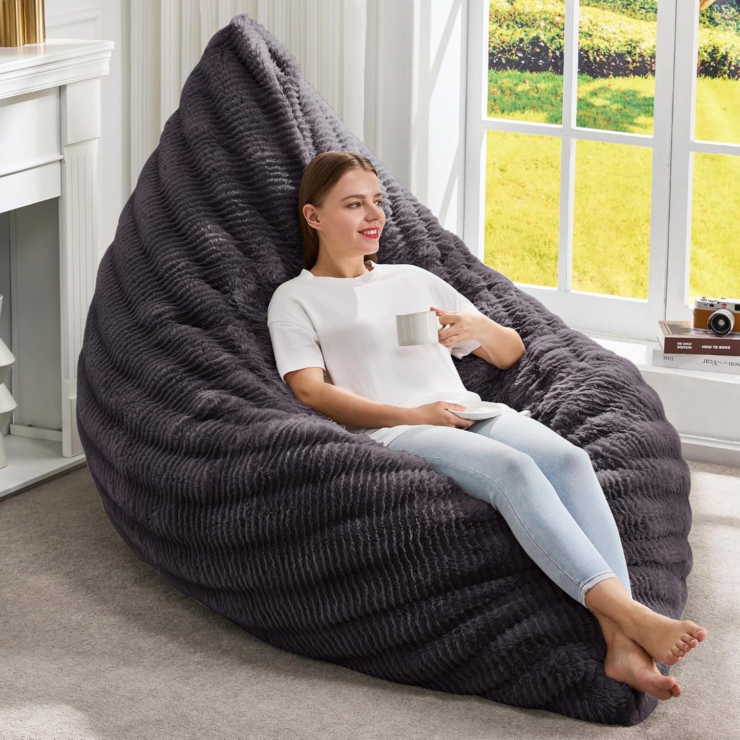 Hobestluk 3 in 1 Bean Bag Chair Giant Bean Bag Chairs Convertible Bean Bag Floor Cushion with Machine Washable Cover, Beanbag Chairs for Adult (Dark Grey)