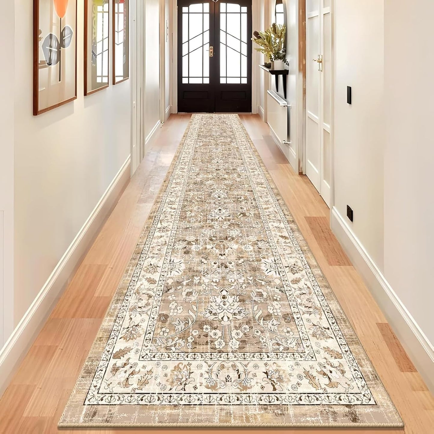 LOKHOM Washable Runner Rug, 2.6x14 Non-Slip Vintage Long Hallway Runner Rugs with Rubber Backing, Boho Soft Distressed Kitchen Rug Floor Carpet Runner for Hallway Laundry Entryway Bedroom(Beige Brown)