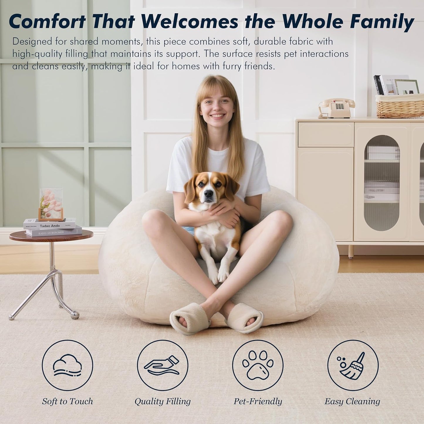 Giant Bean Bag Sofa, Oversized Shell-Shaped Lounge Floor Sofa for Adults & Kits, Comfy Beanbag Couch for Bedroom, Reading Nook, Living Room, Game Room (Beige)