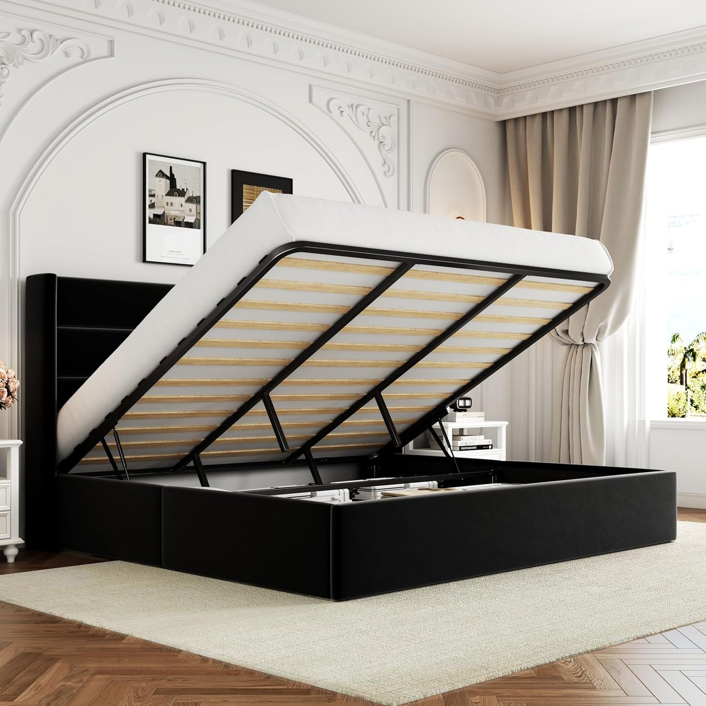 Allewie Queen Size Lift Up Storage Bed, Modern Wingback Headboard, Hydraulic Support, No Box Spring Needed, Light Beige